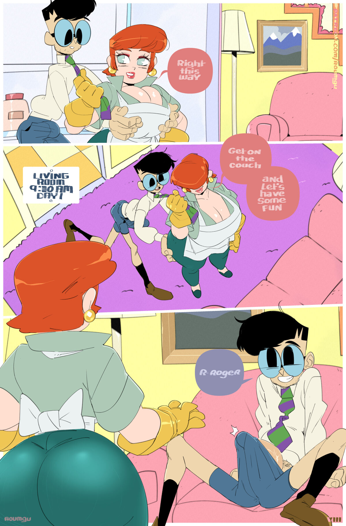 ass, big ass, big butt, bubble ass, bubble butt, cartoon network, clothed, dexter's laboratory, dexter's mom, female, gloves, huge ass, latex, latex gloves, male, milf, penis, roumgu, yellow gloves