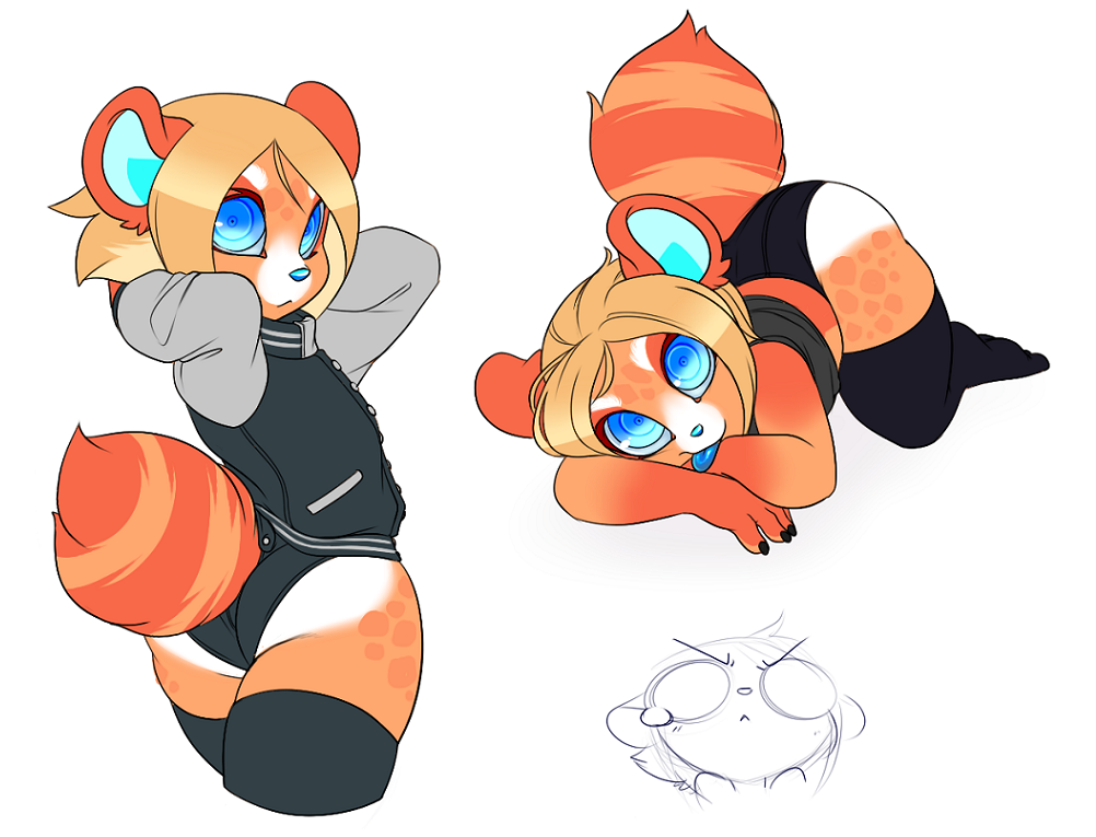 anthro blonde_hair blue_eyes blue_tongue clothed clothing femboy fur furry furry_only girly jacket legwear looking_at_viewer looking_back_at_viewer male male_only on_front orange_body orange_fur raccoon rmada sybillotus tail tanuki tongue_out underwear