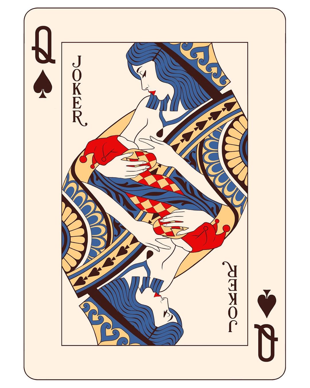 1girls art baby blue_hair breast_feeding breasts card_(medium) crown jester_cap joker_(playing_card) mahdieh_farhad mother_and_child one_breast_out playing_card playing_card_theme queen queen_of_spades queen_of_spades_(playing_card)