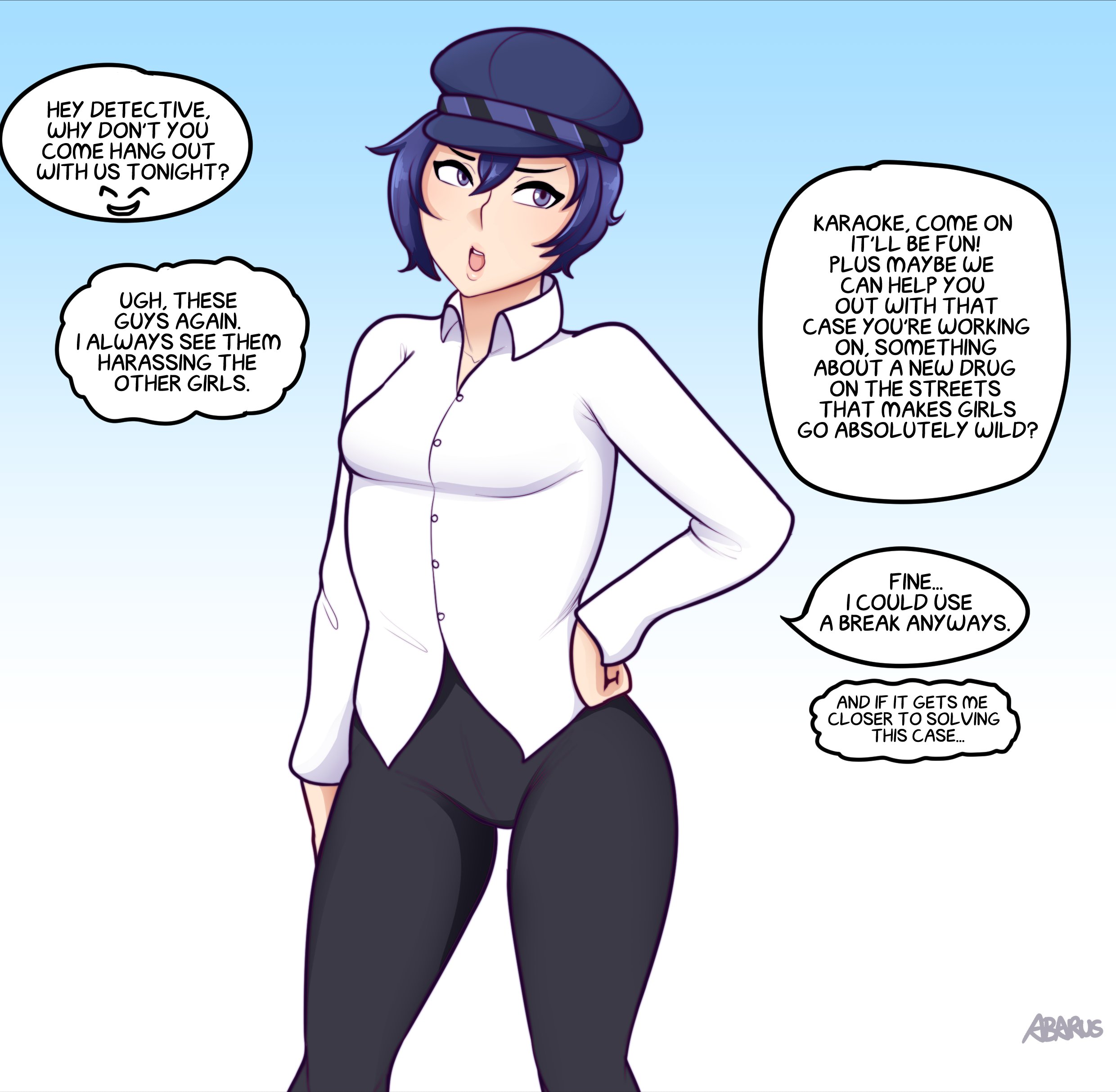 abarus, before and after, before transformation, bimbo, bimbofication, blue hair, english text, female, female only, implied rape, persona, persona 4, pre-transformation, reverse trap, shirogane naoto, short hair, text, tomboy, tomboy feminized, transformation