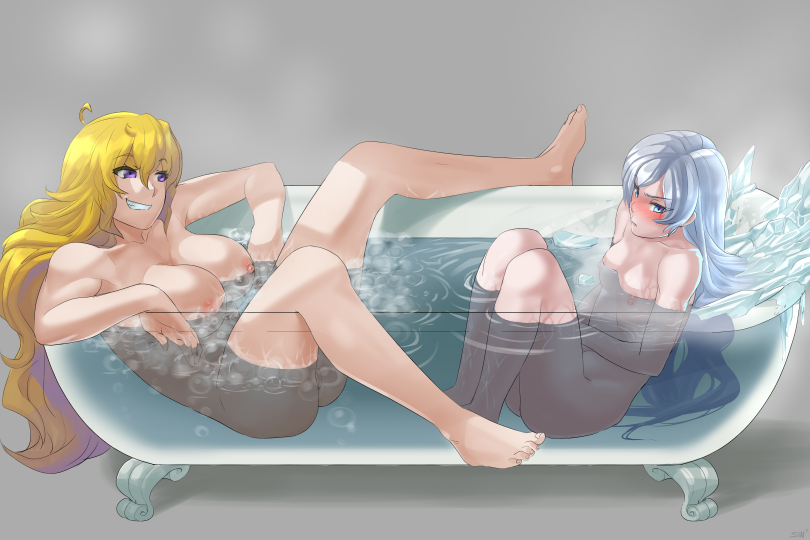 2girls barefoot bath bathtub big_breasts blonde_hair blue_eyes blush bubbles casual embarrassed embarrassed_nude_female fart_bubbles feet female_only grin human ice long_hair multiple_girls nude_female purple_eyes pussy rooster_teeth rwby sinccubi size_difference small_breasts smile weiss_schnee white_hair x-ray yang_xiao_long