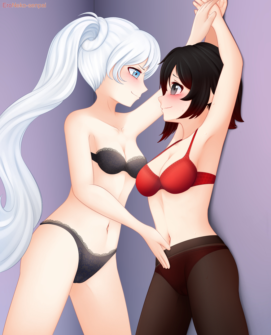 2022 2girls black_hair blue_eyes blush bra duo eroneko female female_only long_hair panties pantyhose ponytail raised_arms red_hair ruby_rose rwby short_hair silver_eyes two_tone_hair underwear weiss_schnee white_hair wholesome yuri