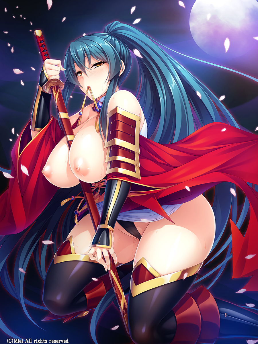 areolae bare_shoulders between_breasts blush boots breasts cherry_blossoms cleavage female female_focus game_cg gauntlets green_hair highres ishii_akira japanese_clothes large_breasts long_hair looking_at_viewer moon night nipples petals ponytail pussy_juice sash sky solo sword thighhighs weapon wet yellow_eyes