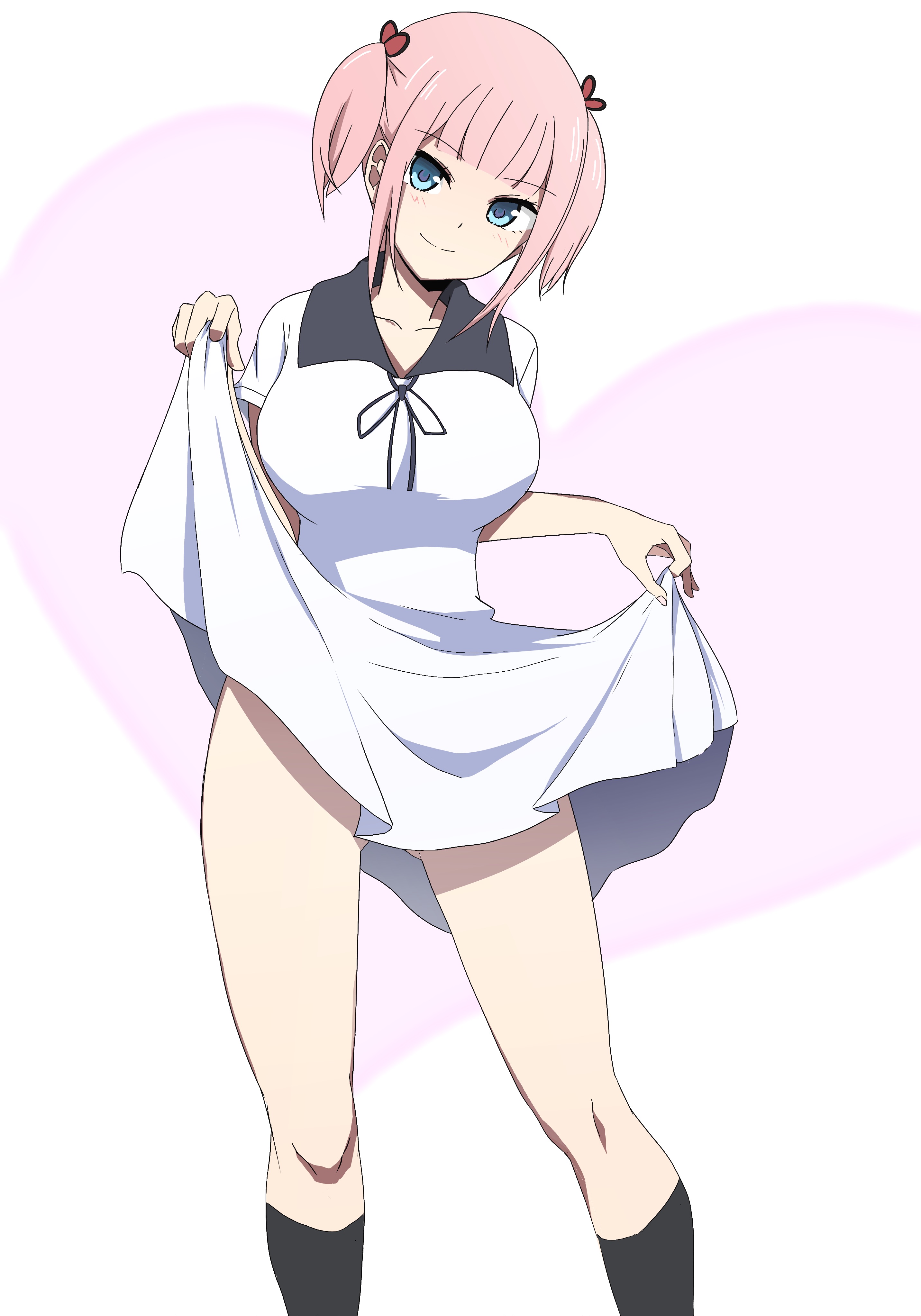 1girls, alternate background, big breasts, blue eyes, blush, bow, breasts, dress, dress lift, female, female only, fujiwara moeha, hair ornament, heart, house, human, kaguya-sama wa kokurasetai ~tensai-tachi no renai zunousen~, legs, lifting person, pink hair, posing, ribbon, schoolgirl, smile, socks, solo, thighs, twintails, white background, white dress, ze r0 ze r0