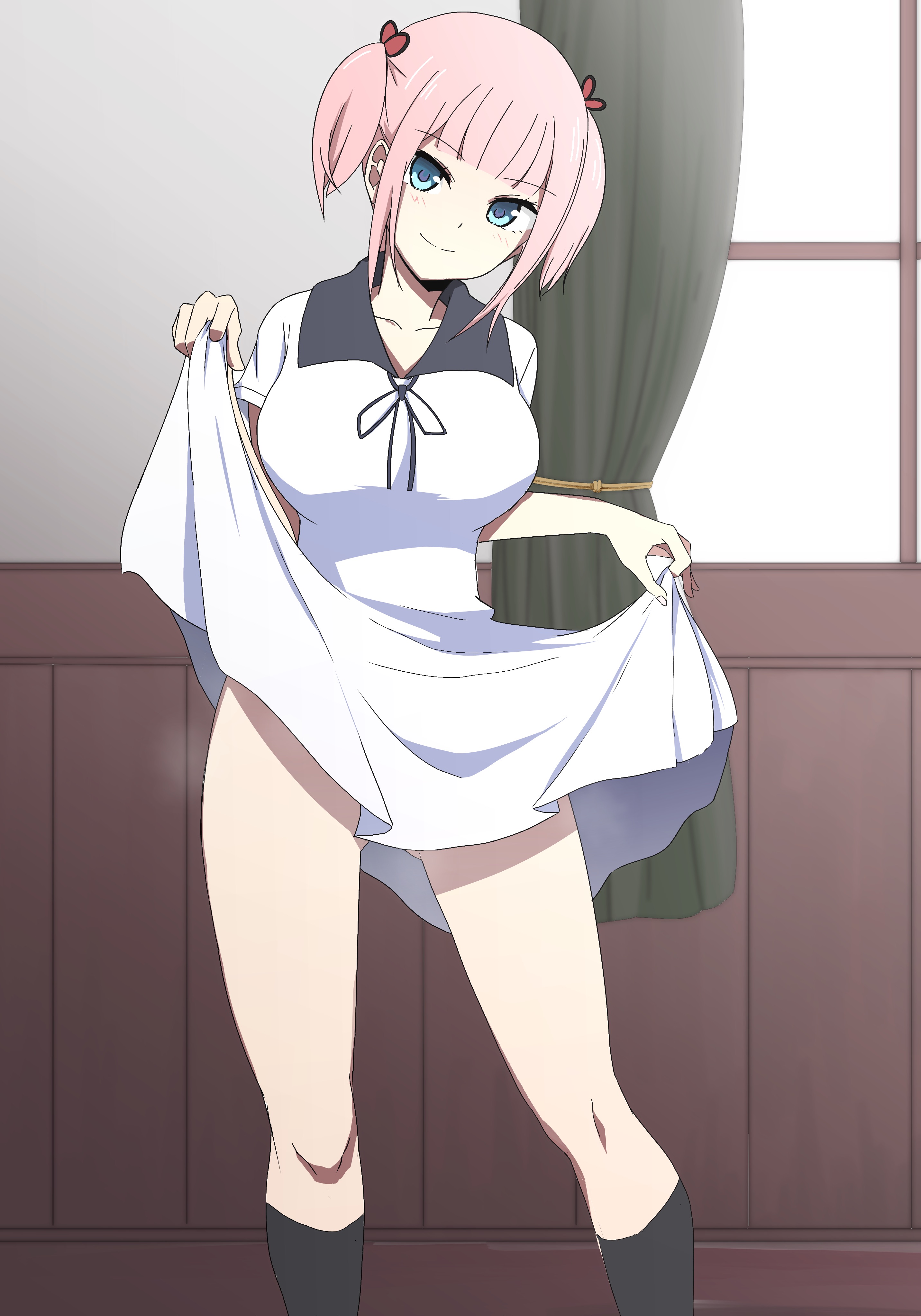 1girls, big breasts, blue eyes, blush, bow, breasts, dress, dress lift, female, female only, fujiwara moeha, hair ornament, house, human, kaguya-sama wa kokurasetai ~tensai-tachi no renai zunousen~, legs, lifting person, musk, pink hair, posing, ribbon, schoolgirl, smell, smile, socks, solo, thighs, twintails, white dress, window, ze r0 ze r0