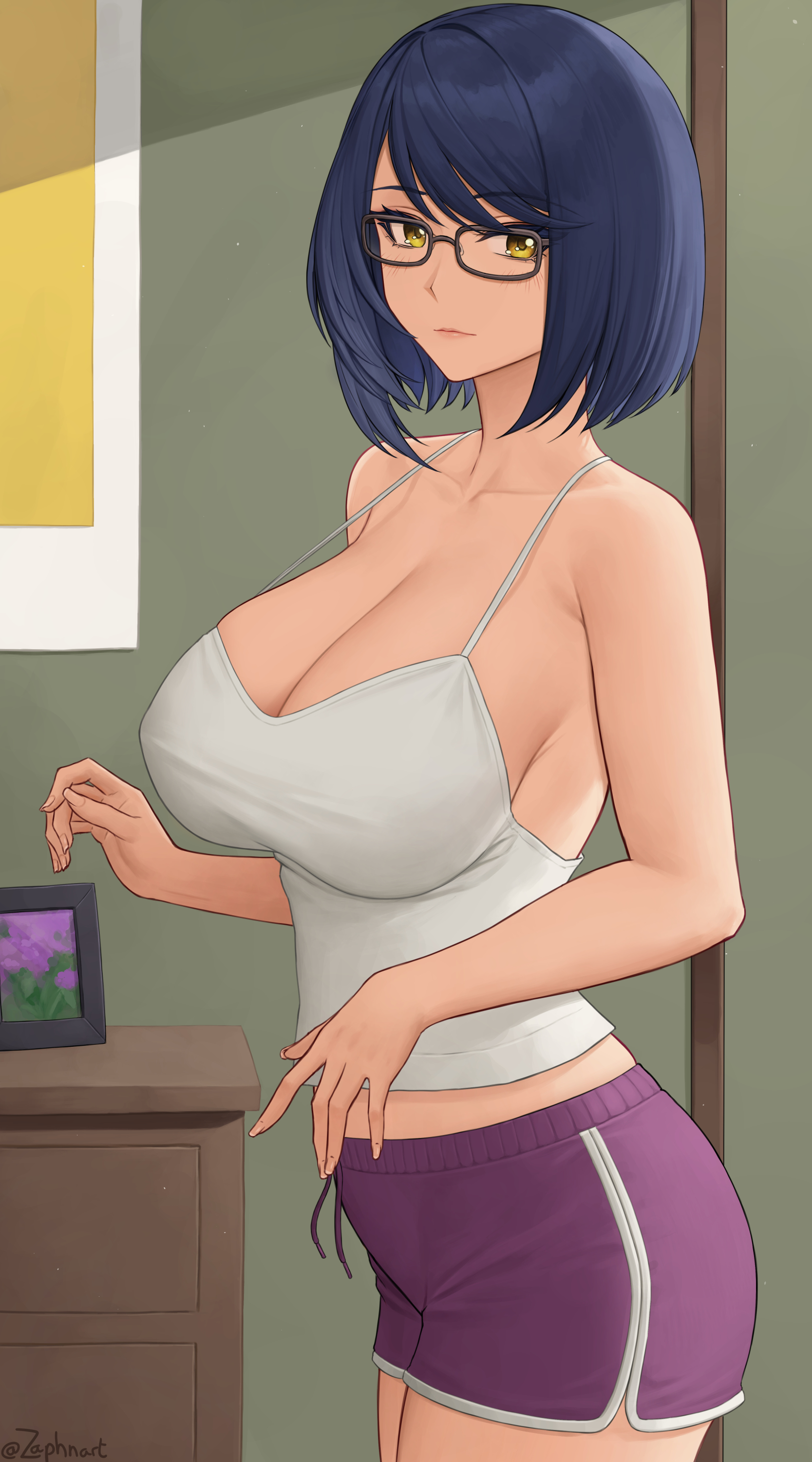 1girls, 2020s, 2022, artist signature, big breasts, black hair, blue hair, booty shorts, breasts, cleavage, dolphin shorts, dyed hair, eyebrows visible through hair, female, female only, genshin impact, glasses, hi res, hips, huge breasts, human, indoors, kujou sara, looking at viewer, manga, medium hair, short hair, short shorts, shorts, side slit, sleeveless, slim waist, tank top, thick thighs, thighs, tomboy, two-tone bottomwear, two-tone bottomwear (purpleandwhite), white tank top, white topwear, wide hips, yellow eyes, zaphn