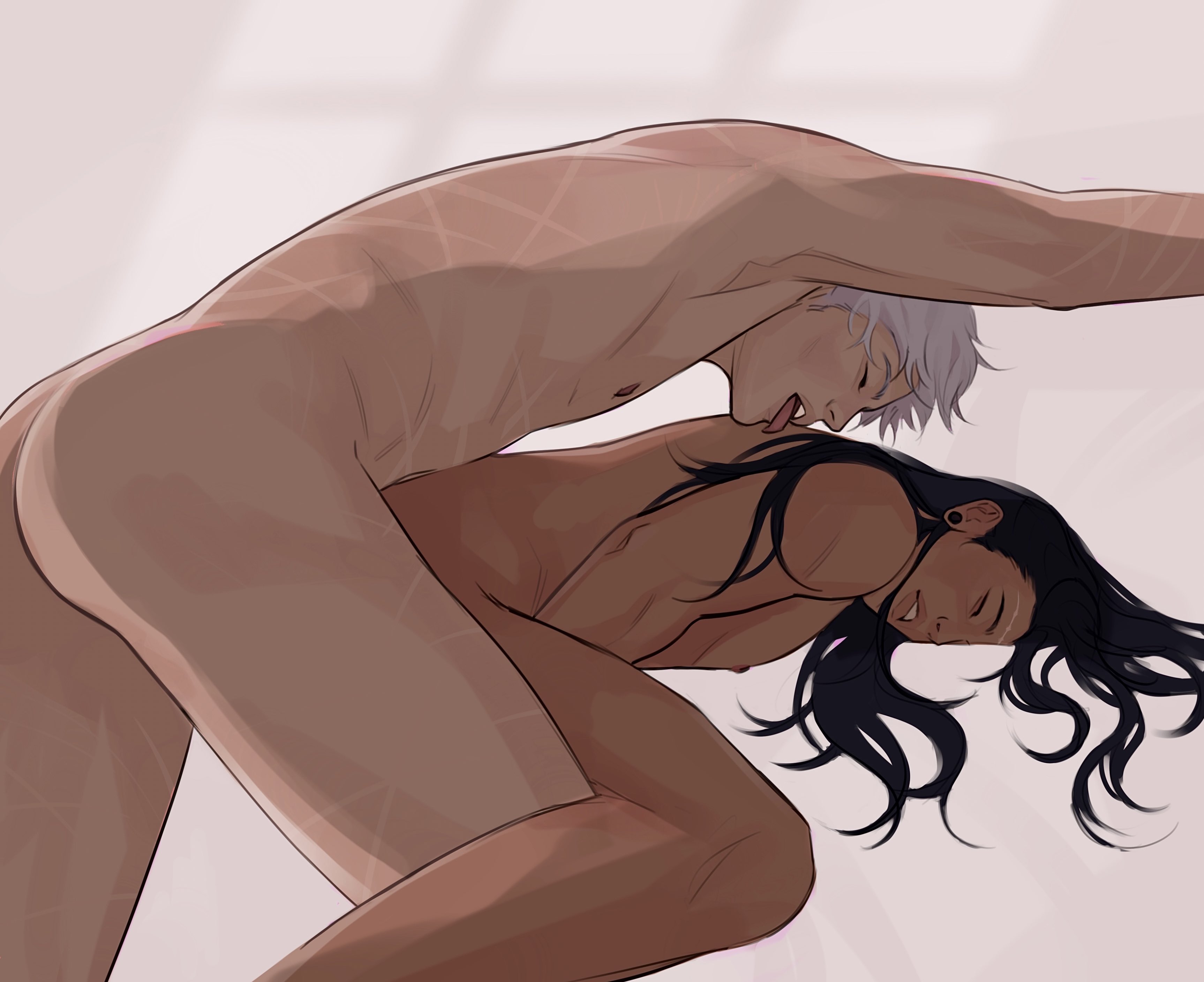 2boys, anal, black hair, brown skin, color, doggy style, dominant male, erection, gay, genital fluids, jujutsu kaisen, licking, long hair, male, male/male, nude, penetration, satoru gojo, scar, suguru geto, uncensored, white hair, yaoi