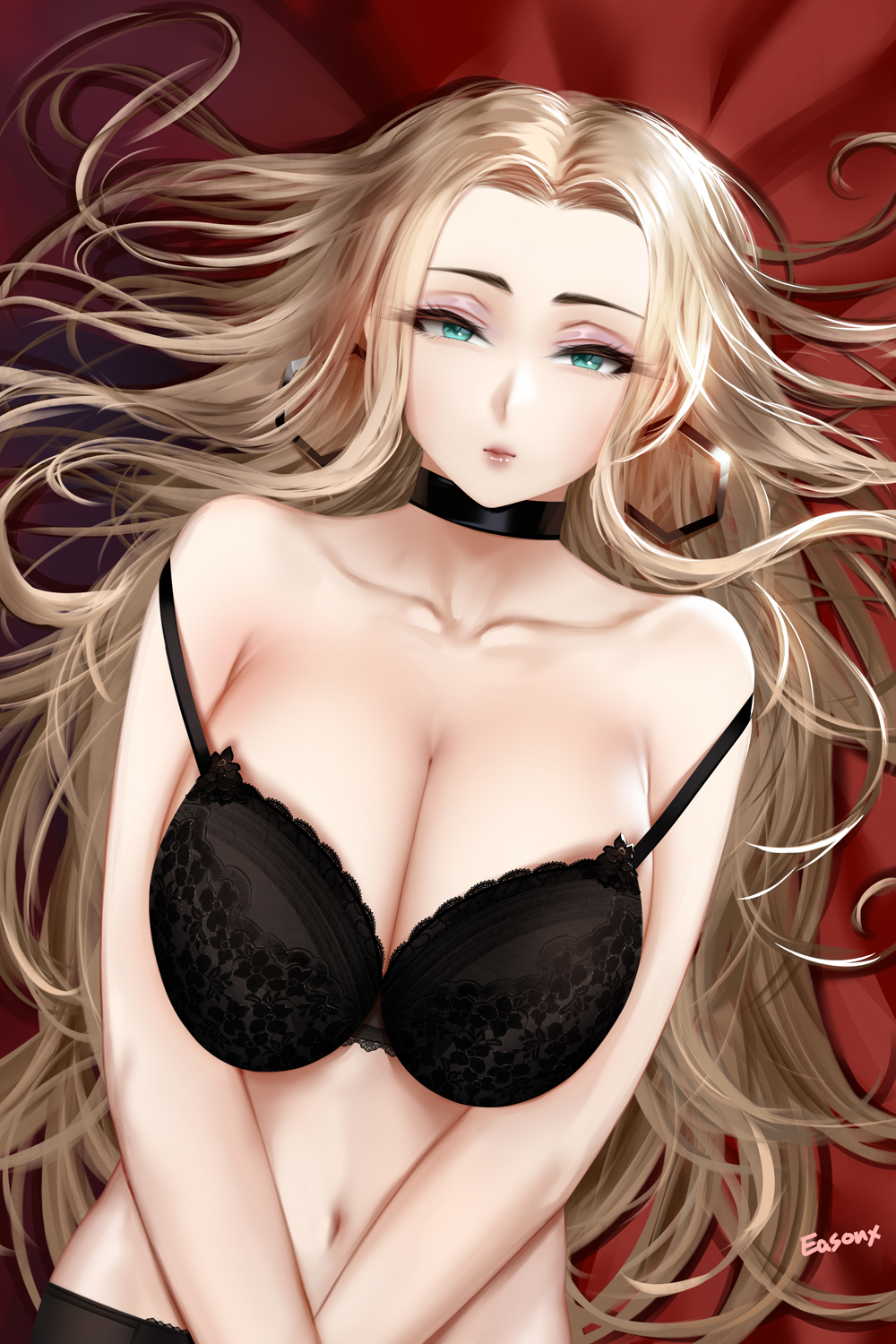 1girls, big breasts, black bra, blonde hair, bra, breasts, earrings, easonx, eyeshadow, female, female only, green eyes, hoop earrings, jewelry, makeup, navel, nintendo, oleana (pokemon), pokemon, pokemon ss, solo