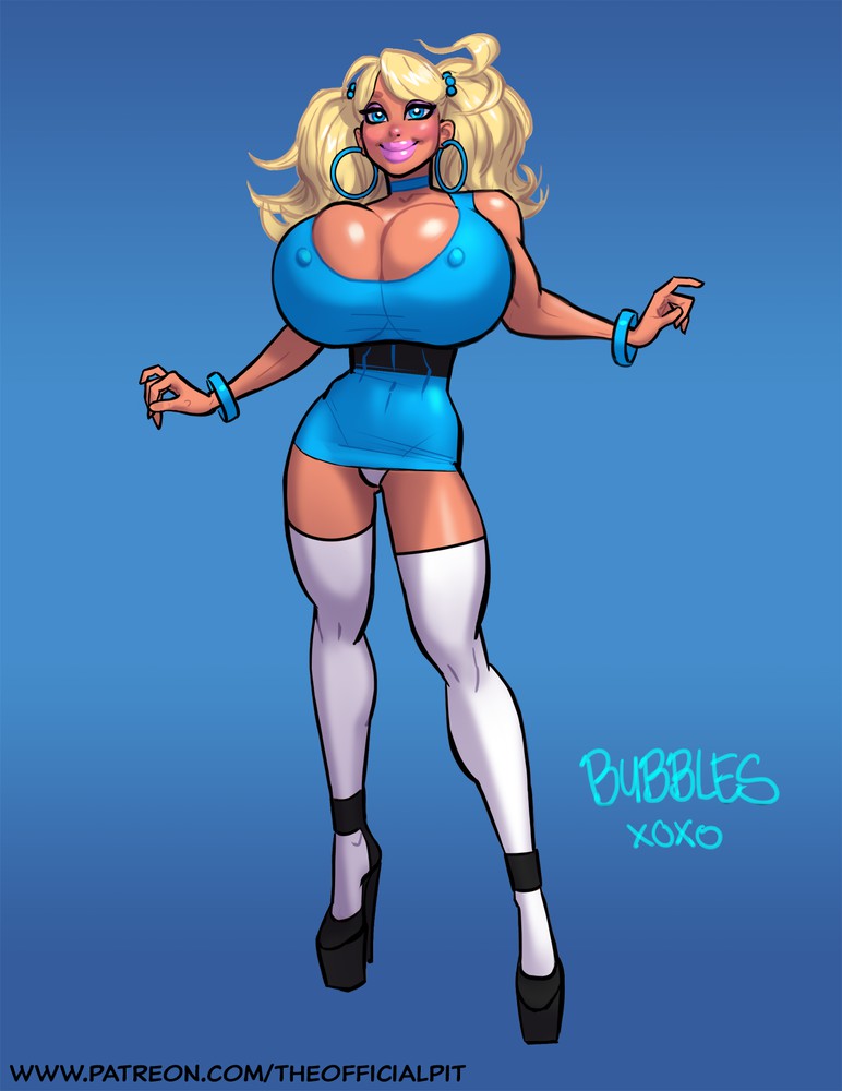 1girls, aged up, big breasts, bimbo, blonde hair, bracelet, breasts, bubbles (powerpuff girls), dress, eyeshadow, female, female focus, female only, high heels, hoop earrings, hoop earrings oversized, lipstick, makeup, nipple bulge, panties, platform heels, pokies, powerpuff girls, short dress, solo, theofficialpit, thighhighs