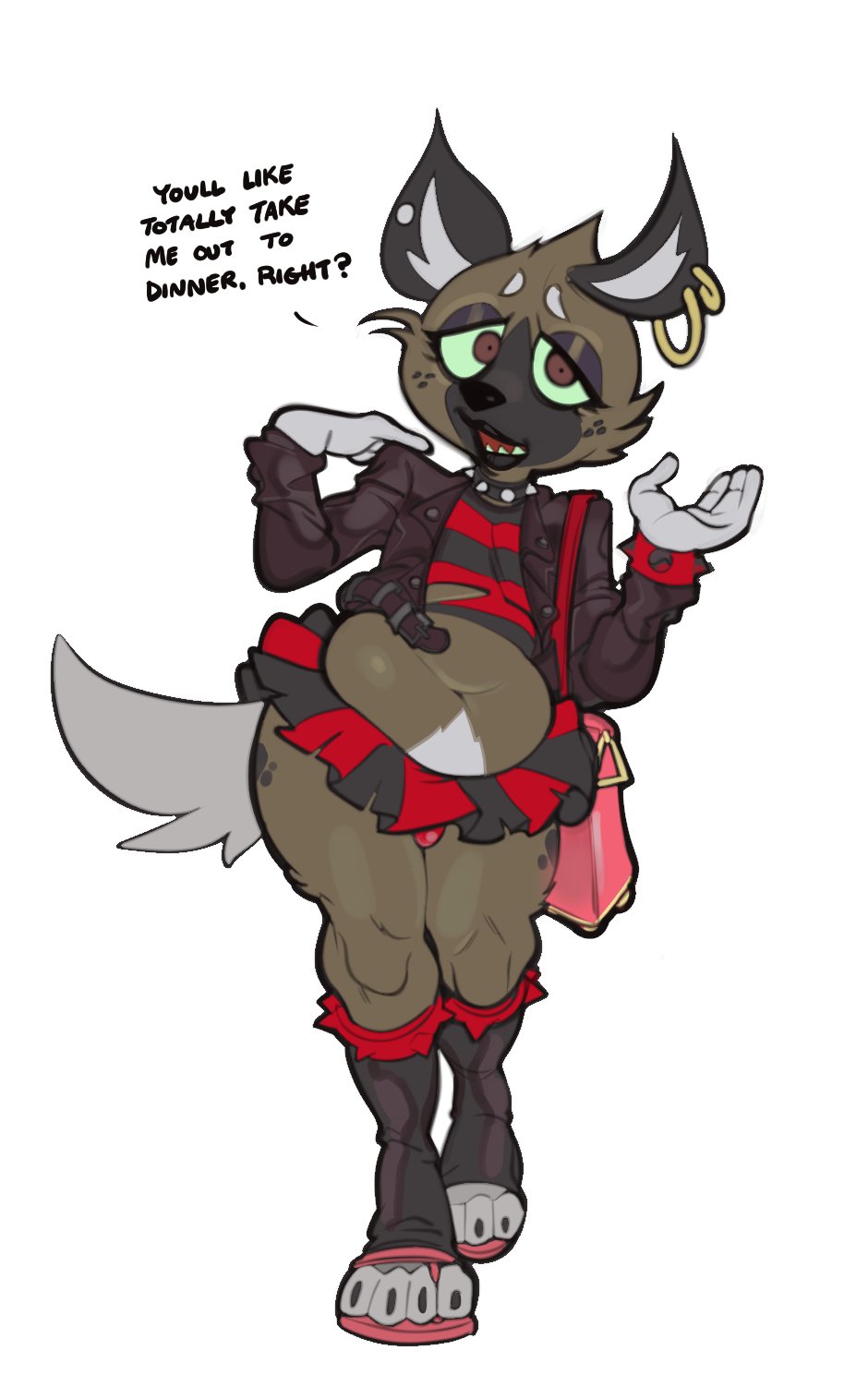 2021, aggressive retsuko, anthro, belly overhang, belly rolls, black lipstick, bottomwear, brown body, brown eyes, brown fur, bulge, chubby male, clothed, clothing, collar, crossdressing, dialogue, ear piercing, ear ring, english text, eyeshadow, femboy, fur, furry, furry only, girly, haida, hi res, hyaenid, hyena, jacket, leather, leather clothing, leather jacket, leather topwear, lipstick, looking at viewer, love handles, makeup, male, male only, mammal, miniskirt, muffin top, navel, overweight, overweight male, piercing, potbelly, purse, sanrio, shirt, simple background, skirt, slightly chubby, smooth fur, solo, spiked collar, spikes, spotted hyena, submarine screw, tail, tank top, text, thick thighs, topwear, torn clothing