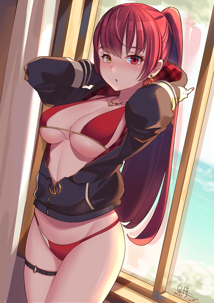 :o, 1girls, 2021, alternate version available, arms up, bangs, bikini, black jacket, blush, breasts, cleavage, dated, day, earrings, eyebrows visible through hair, female, female focus, female only, heart, heart earrings, heart necklace, heterochromia, hololive, hololive fantasy, hololive japan, houshou marine, indoors, jacket, jewelry, large breasts, long hair, long sleeves, looking at viewer, open clothes, open jacket, parted lips, partially unzipped, ponytail, red bikini, red eyes, red hair, shiroi ume, signature, solo, solo female, swimsuit, thigh strap, underboob, virtual youtuber, window, yellow eyes, zipper
