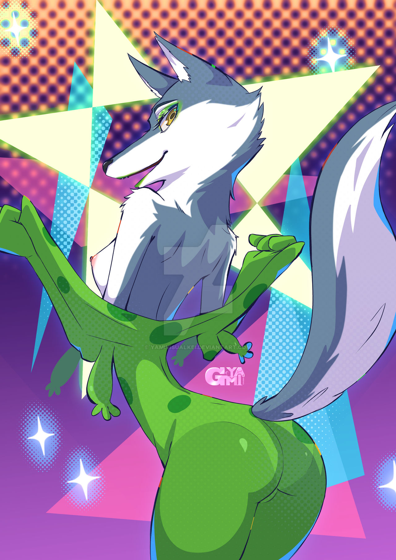 2020s, 2022, anthro, ass, breasts, canid, canine, canis, clothed, clothing, costume, digital media (artwork), eyeshadow, female, green eyeshadow, green lips, hi res, illumination entertainment, lips, looking at viewer, makeup, mammal, mostly nude, nipples, nude, off shoulder, porsha crystal, sing (movie), sing 2 (movie), solo, undressing, universal studios, watermark, wolf, yamivisualkei