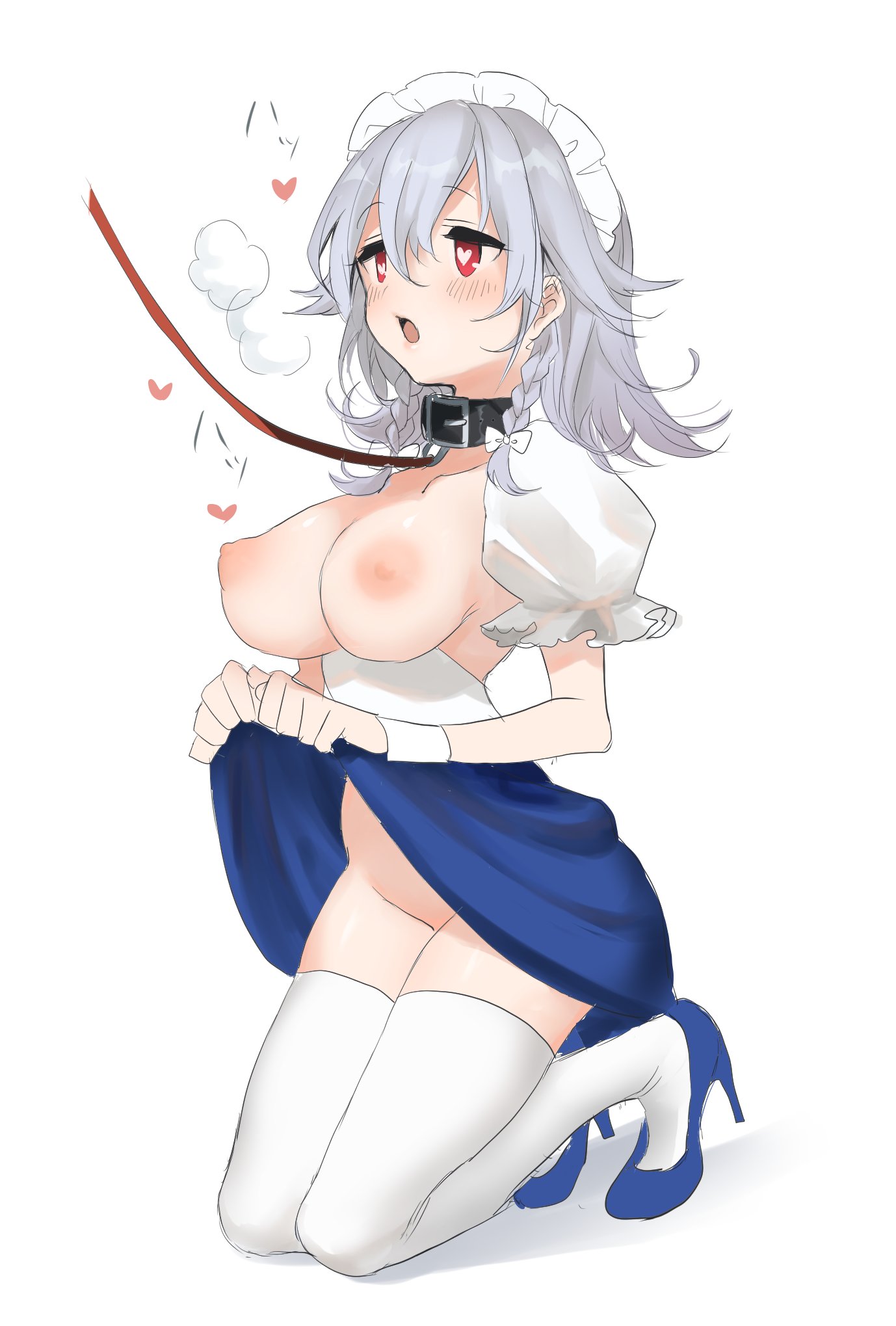 bangs, blue footwear, blush, breasts, breath, closed mouth, clothes lift, eyebrows visible through hair, female, grey hair, hair between eyes, heart, heart-shaped pupils, high heels, highres, medium breasts, medium hair, nipples, no panties, open mouth, puffy short sleeves, puffy sleeves, red eyes, sakuya izayoi, sasa 2534, shirt, short sleeves, simple background, skirt, skirt lift, solo, symbol-shaped pupils, thighhighs, touhou, wavy hair, white background, white legwear, white shirt, wristband