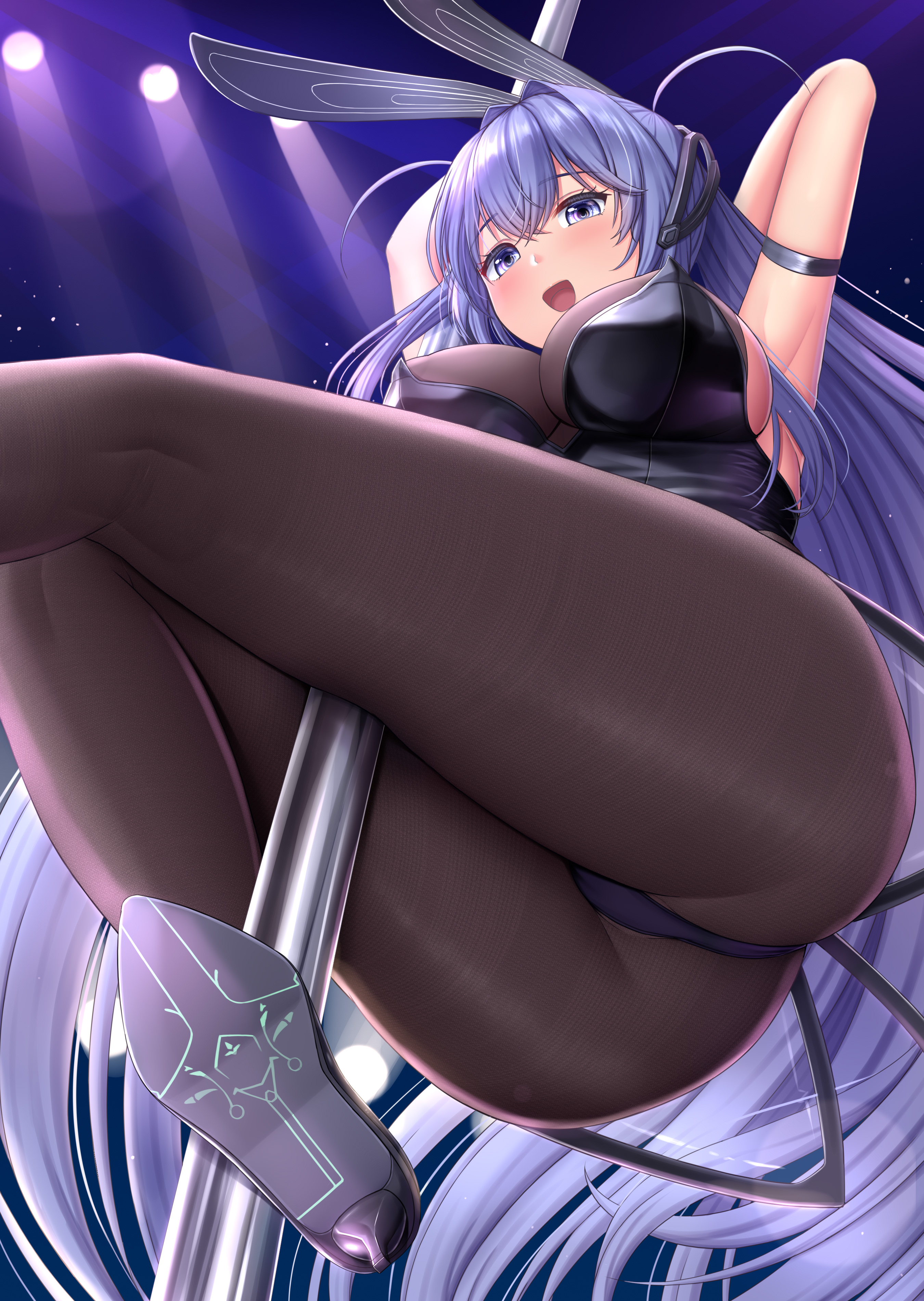 1girls, 2021, absurdres, animal ears, armpits, arms up, ass, azur lane, bangs, bare shoulders, black leotard, blue eyes, blue hair, blush, breasts, brown legwear, fake animal ears, female, female focus, female only, fine fabric emphasis, high heels, highres, large breasts, leotard, long hair, looking at viewer, melopun, new jersey (azur lane), new jersey (exhilarating steps!) (azur lane), official alternate costume, open mouth, pantyhose, playboy bunny, pole, pole dancing, rabbit ears, smile, solo, solo female, stripper pole, thighs