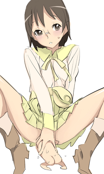 blush boots dennou_coil glasses masturbation no_panties okonogi_yuuko oyaji school_uniform serafuku short_hair skirt skirt_pull vaginal_penetration