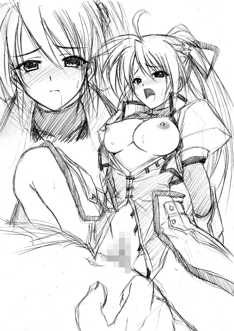 breasts_out censored female grafite_(medium) human lyrical_nanoha mahou_shoujo_lyrical_nanoha mahou_shoujo_lyrical_nanoha_a's male monochrome nipples oppai_kenmin sex signum sketch straight traditional_media