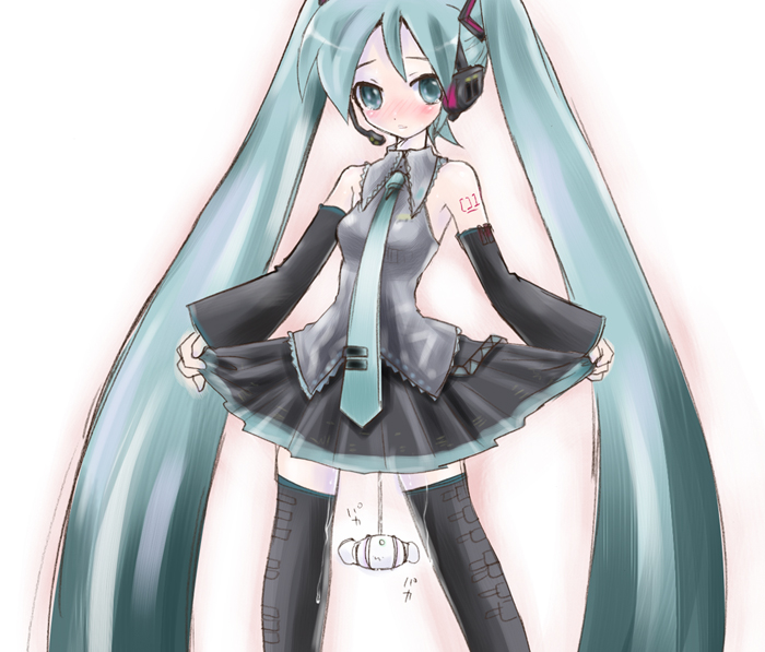 aqua_hair ayano_rena blush detached_sleeves hatsune_miku headset long_hair rolly solo thighhighs tied_hair twintails very_long_hair vocaloid zettai_ryouiki