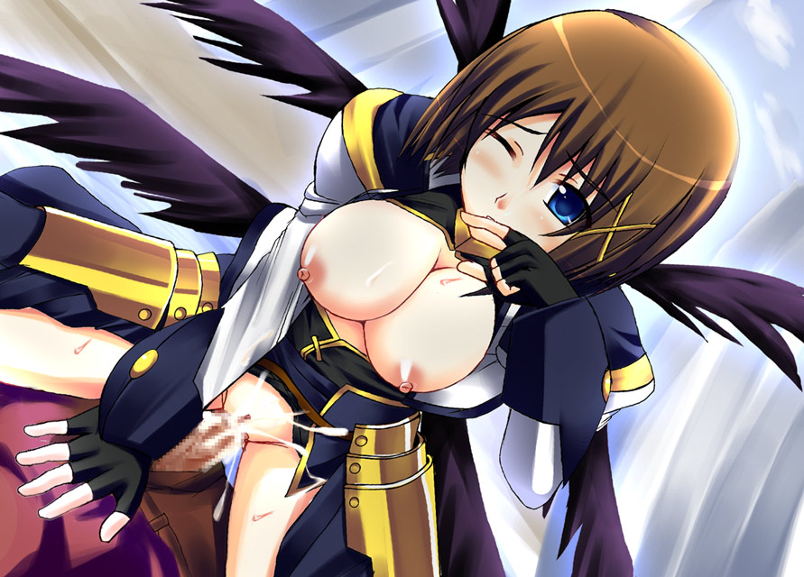 blue_eyes blush breasts brown_hair censored cleavage cum cum_inside female hayate_yagami human kuronezumi large_breasts lyrical_nanoha mahou_shoujo_lyrical_nanoha mahou_shoujo_lyrical_nanoha_strikers nipples sex solo straddle wink