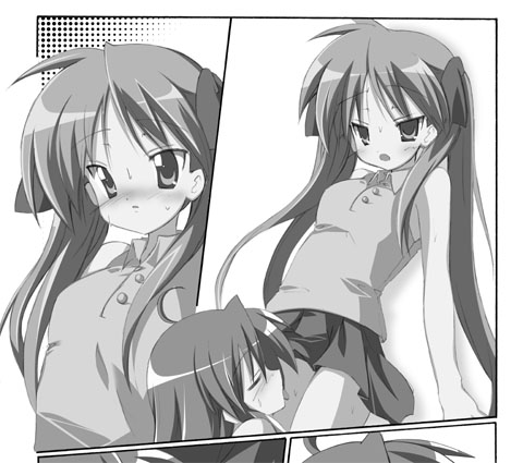 2girls cunnilingus female human kagami_hiiragi konata_izumi lowres lucky_star monochrome multiple_girls oral s_e_n sen_(astronomy) yuri