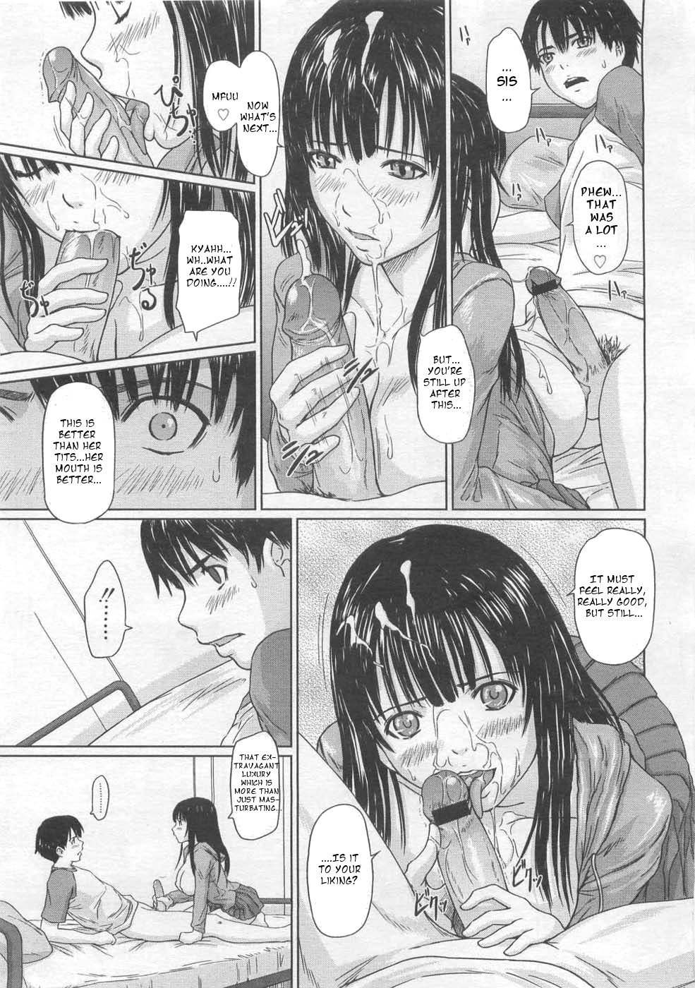 bar_censor big_sister breasts brother_and_sister censor_bar comic cum cum_in_mouth english_text facial fellatio handjob highres incest kisaragi_gunma little_brother manga monochrome older_female older_sister oral penis right_to_left siblings tongue translated younger_brother younger_male