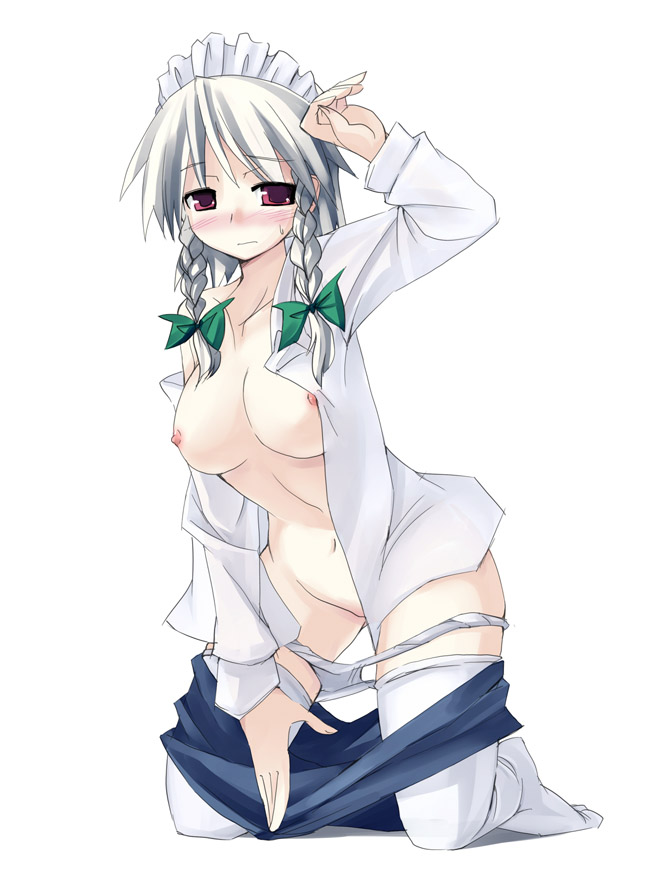 blush braid nipples open_clothes open_shirt panties panty_pull sakuya_izayoi seo_tatsuya shirt short_hair silver_hair solo thighhighs touhou twin_braids underwear undressing