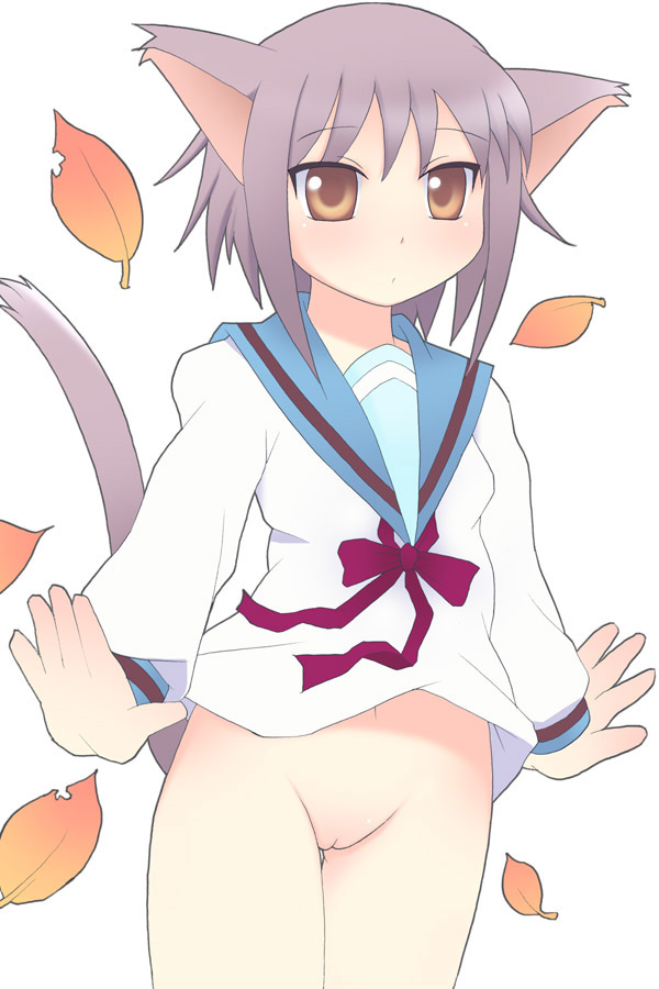 animal_ears autumn bottomless cat_ears female female_only humanoid kurappii leaf nagato_yuki no_panties pointy_chin pussy school_uniform seifuku serafuku solo suzumiya_haruhi_no_yuuutsu thigh_gap uncensored