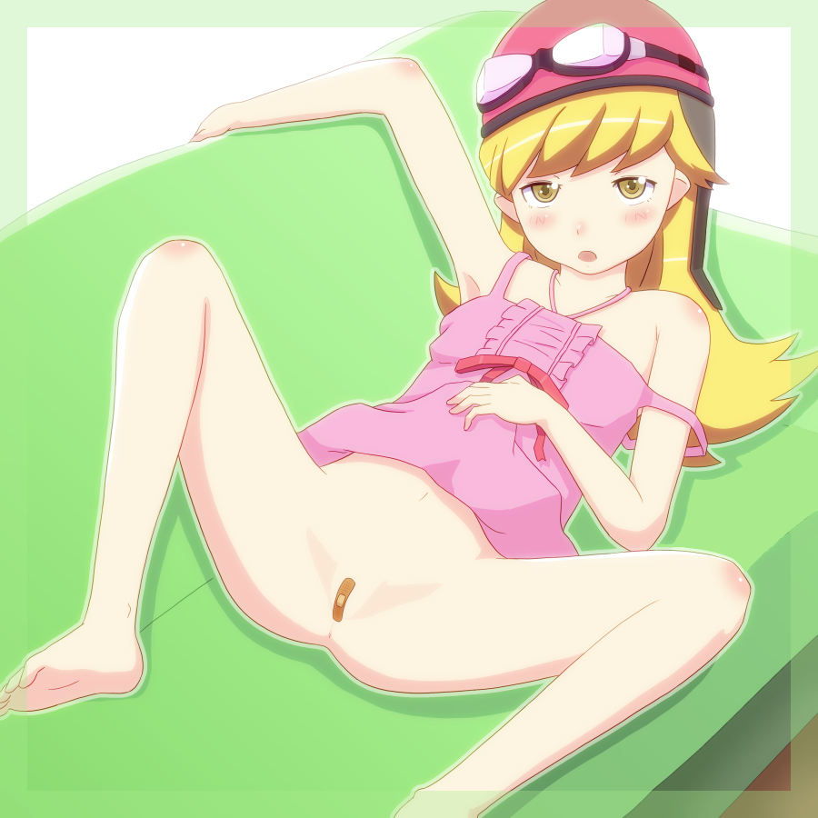 bakemonogatari bandaid_on_pussy blonde_hair couch flat_chest helmet laying_on_couch monogatari_(series) oshino_shinobu pink_topwear spread_legs tagme yellow_eyes