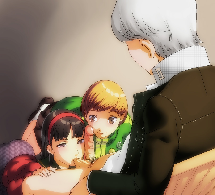 1boy 2girls amagi_yukiko atlus ball_sucking baroque_2009 black_hair bottomless bottomless_male brown_eyes brown_hair clothed clothed_female collaborative_fellatio edit fellatio female gray_hair grey_hair headband light-skinned_female light-skinned_male light_skin male megami_tensei narukami_yu persona persona_4 satonaka_chie seta_souji shin_megami_tensei threesome uncensored