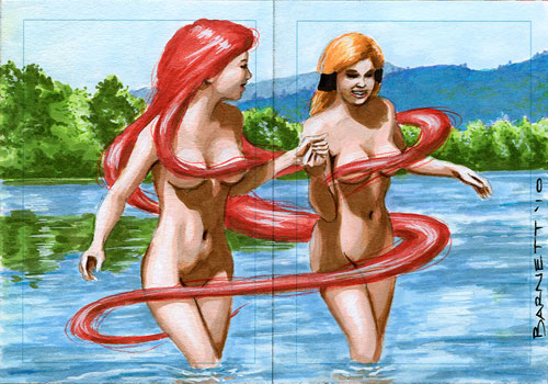 2010 2girls crystal_(inhumans) female female_only human human_only inhumans lake light-skinned_female light_skin marvel medusa_(inhumans) mountain multiple_girls nude nude_female outdoors red_hair scott_barnett sisters straight_hair traditional_media trees two_tone_hair very_long_hair