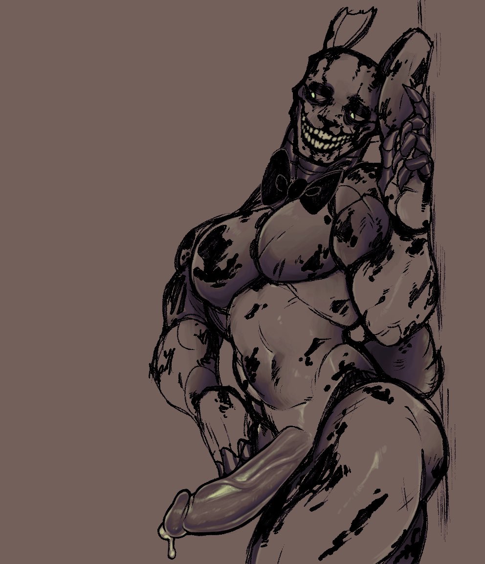 2022 animatronic anthro bodily_fluids clawed_fingers curvaceous curvy_figure digital_drawing_(artwork) digital_media_(artwork) erection five_nights_at_freddy's five_nights_at_freddy's_3 fur genital_fluids genitals humanoid_genitalia humanoid_penis lagomorph leporid machine male male_only mammal monochrome muscular muscular_male pecs penis precum rabbit robot ruinh00d scottgames solo springtrap springtrap_(fnaf) teeth video_games voluptuous yellow_body yellow_fur