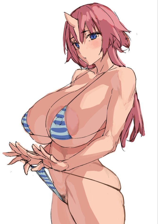 1_horn areola_slip areolae ass bikini bikini_pull blue_eyes breasts clothes_pull female horns huge_breasts large_areolae long_hair obmas_(pfeito) oni_horns original pink_hair pubic_hair sideboob sketch skindentation solo striped striped_bikini swimsuit