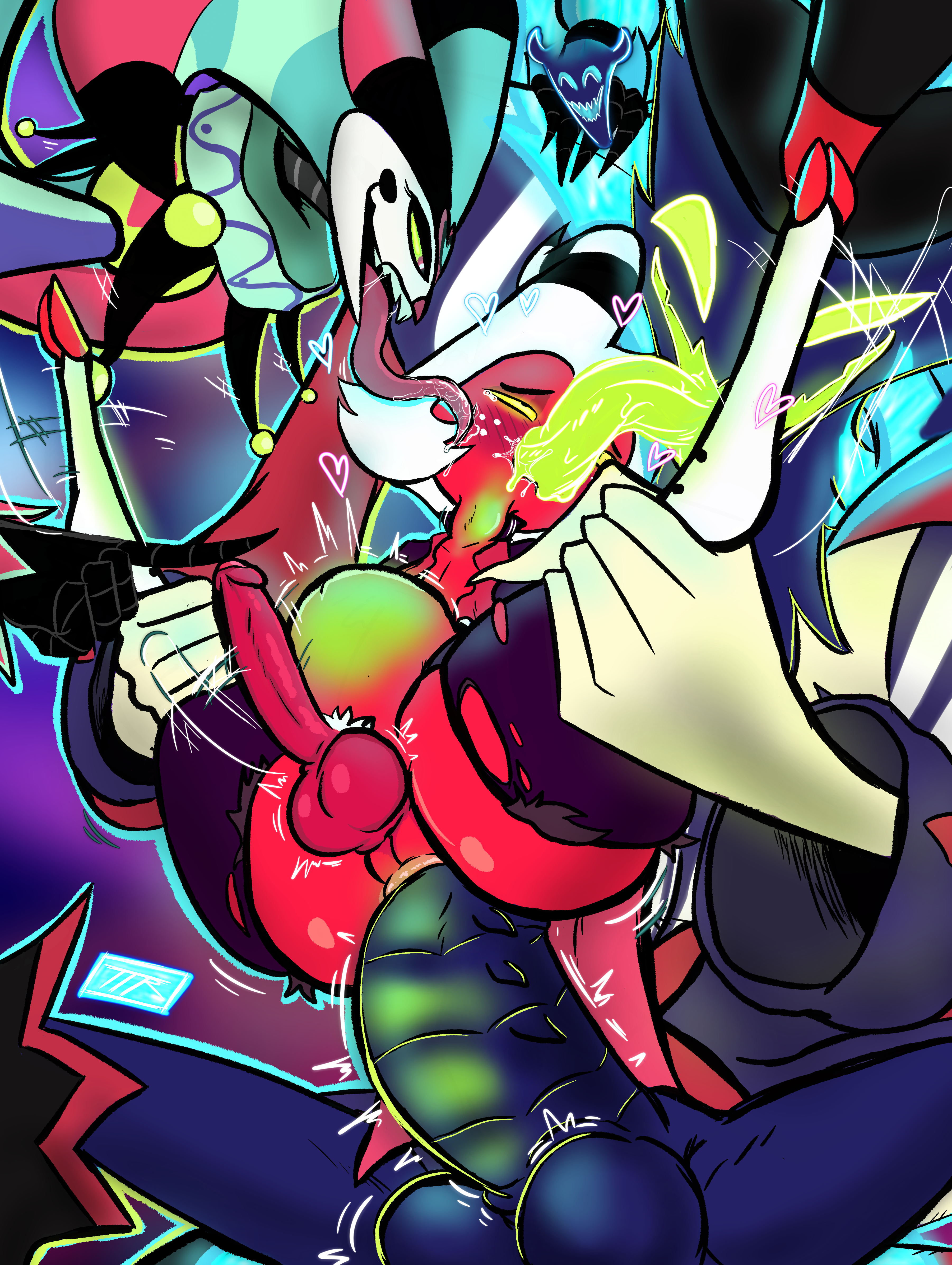 3boys, anal sex, asmodeus (helluva boss), ass, balls, belly bulge, big ass, big balls, big penis, blue fur, blush, clown makeup, demon, digital drawing (artwork), digital media (artwork), femboy, fizzarolli (helluva boss), fucked silly, gay, glowing, glowing eyes, green eyes, hearts, helluva boss, hi res, highres, imp, jester, kojoarts, legs held open, licking, licking cheek, long tongue, lustful energy, male, male only, male/male, moxxie (helluva boss), naughtypaw (artist), neck bulge, oral penetration, penis, rape, red skin, ripped clothing, seated carry position, sharp teeth, size difference, spanking, spread legs, submissive male, thick thighs, thighs, threesome, throbbing penis, tongue in mouth, ttherandom, tthrandom, tthrandom rp, twitch lines, vivienne medrano, watermark, white hair, yaoi, yellow eyes