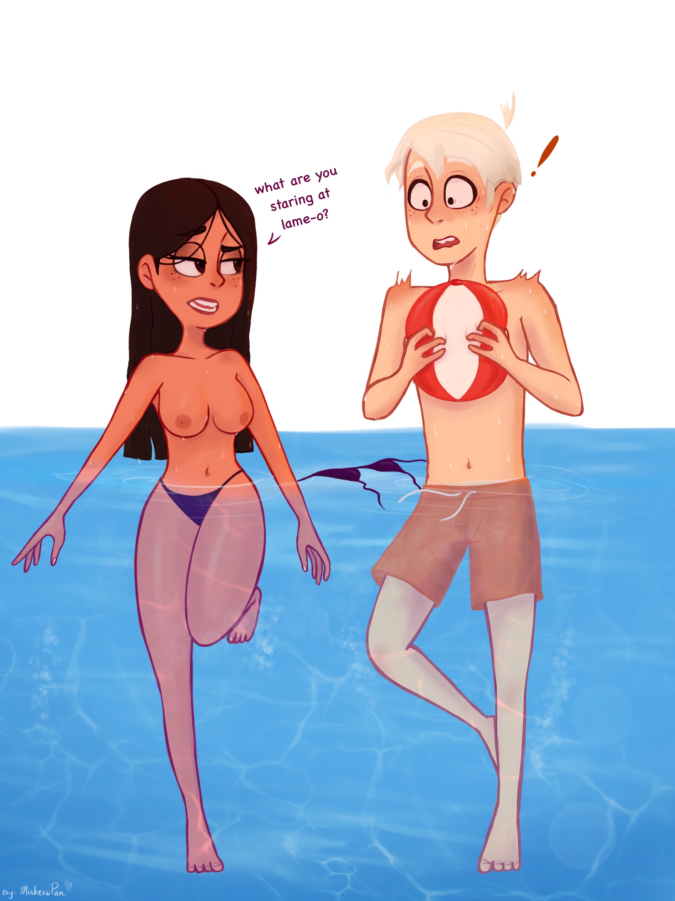 4 fingers, 4 toes, aged up, ball (object), beach, beach ball, bikini, boobs, breasts, breasts apart, breasts out, brown hair, commentary, dark hair, dialogue, english text, excited, feet, female, latina, lincoln loud, male, mexican female, misherupan, nickelodeon, nipples, public, public nudity, ronnie anne santiago, surprised, surprised face, tan skin, the casagrandes, the loud house, tits, toes, topless, water, wet, white fur, white male