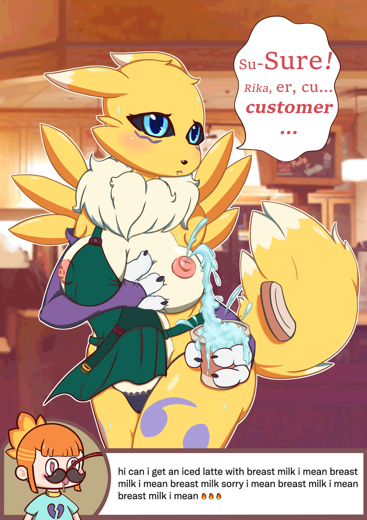 anthro apron black_panties black_sclera blush cameltoe cup digimon drooling english_text erect_nipples face_markings iced_latte_with_breast_milk lactation meme moustache nosebleed renamon starbucks tail unusual_lactation xunil763 yellow_fur