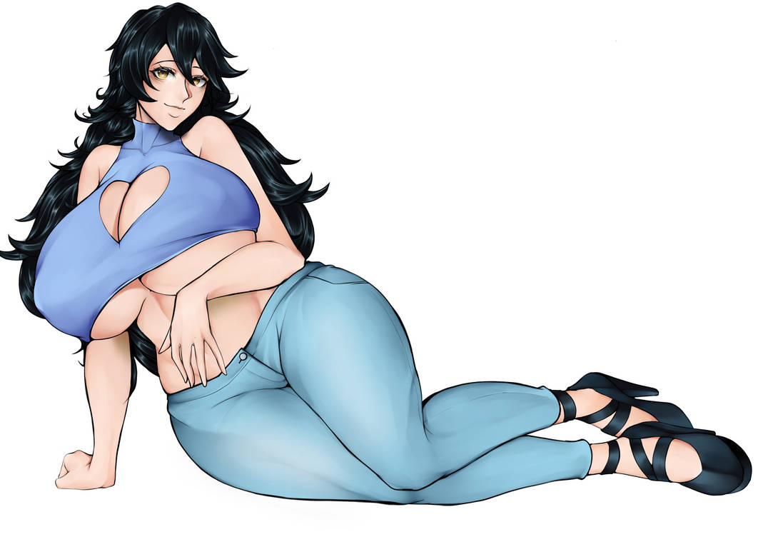 1girls aliessa_phaire bare_shoulders big_breasts black_hair blue_clothing boob_window breasts cleavage clothed clothes clothing commission commissioner_insert female female_only full_body fully_clothed heart-shaped_boob_window heart_boob_window hips huge_breasts human human_only humanoid large_breasts one_hand_on_the_ground pose solo solo_female thick thick_thighs thighs underboob voluptuous white_background wide_hips yellow_eyes zenatsu