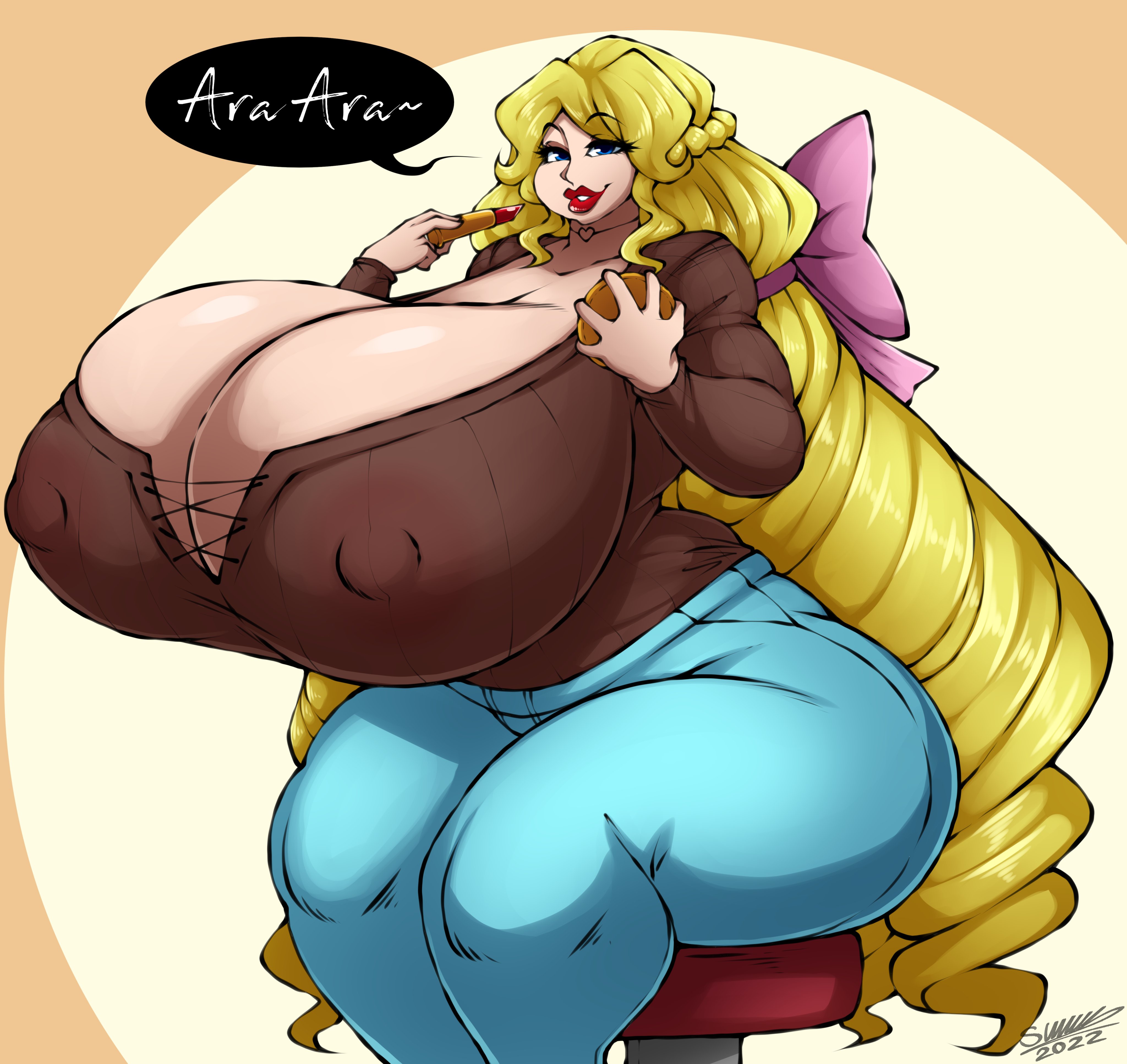 1girls, 2022, ara ara, bimbo, blonde hair, blue eyes, breasts, bunny peterson (theycallhimcake), cleavage, drill hair, female, female only, huge breasts, human, hyper, hyper breasts, lips, lipstick, long hair, looking at viewer, milf, nipple bulge, red lipstick, smiling, smiling at viewer, solo, speech bubble, superix, thick lips, thick thighs, thighs, thunder thighs, watermark