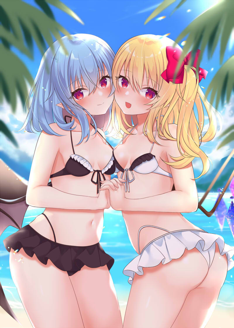 2girls, black skirt, blue hair, breasts, female, flandre scarlet, red eyes, remilia scarlet, small breasts, touhou, white skirt