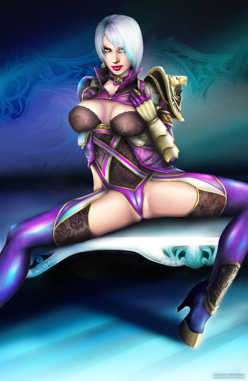 blue_eyes breasts censored choker earrings female female_only high_heel_boots high_heels human isabella_valentine large_breasts lipstick looking_at_viewer namco nipples presenting pussy short_hair sitting solo soul_calibur spread_legs thighhighs white_hair windbelow