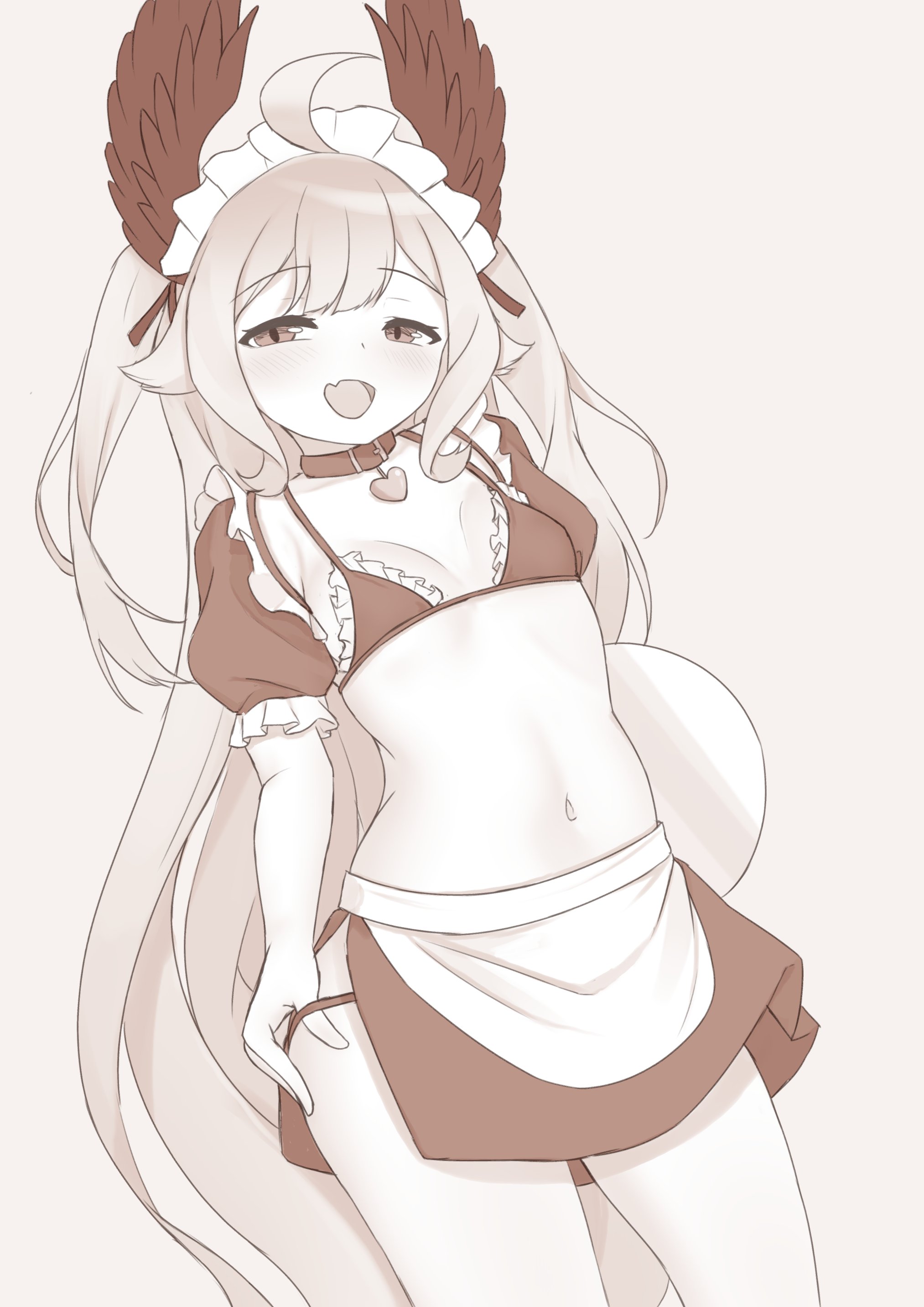 ahoge, belly button, breasts, collar, enna alouette, female, female only, hair wings, head wings, maid, maid bikini, maid headdress, maid uniform, midriff, monochrome, navel, nijisanji, nijisanji en, sleepypudding, small breasts, tagme, virtual youtuber