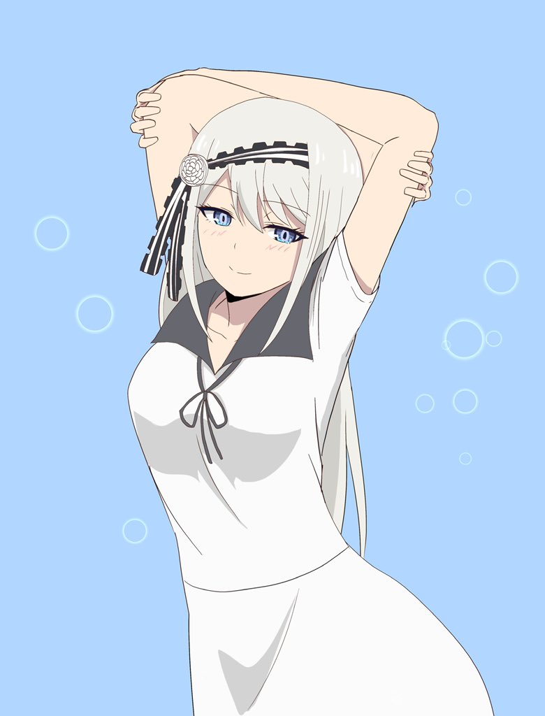 1girls arms_up blue_background blue_eyes blush bow bubbles dress hair_ornament huge_ass kaguya-sama_wa_kokurasetai_~tensai-tachi_no_renai_zunousen~ long_hair not_porn pose safe safe_for_work sfw shirogane_kei smile thick_thighs white_hair ze_r0_ze_r0