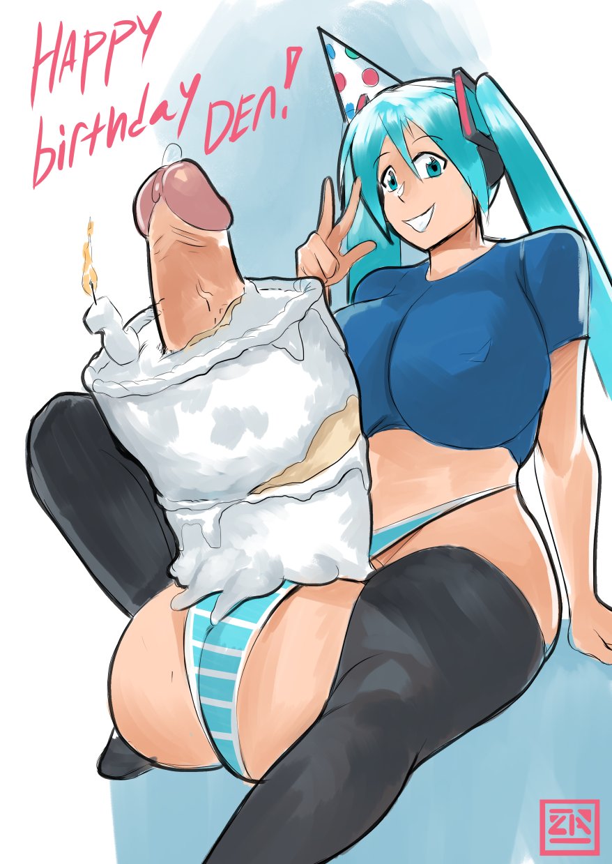 1futa balls balls_in_panties big_breasts birthday_cake birthday_hat blue_hair breasts cake clothed clothing erection food food_penetration food_play futa_only futanari hatsune_miku huge_balls huge_cock human light-skinned_futanari light_skin long_hair pale_skin panties partially_clothed penis penis_piercing_cake sitting solo text twintails vocaloid zestysauce