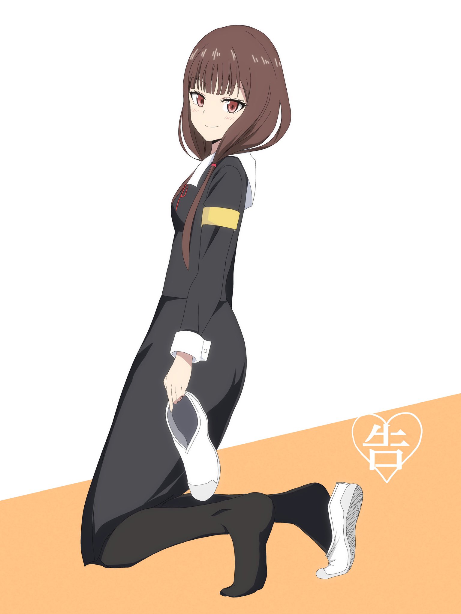 1girls, arm band, ass, blush, brown eyes, brown hair, cuffs (clothing), eyelashes, female, foot fetish, foot focus, footwear, hair ornament, heart, holding shoes, iino miko, kaguya-sama wa kokurasetai ~tensai-tachi no renai zunousen~, kneeling, looking at viewer, one shoe on, pose, school shoes, school uniform, schoolgirl, shoe fetish, simple background, smile, text, white background, ze r0 ze r0
