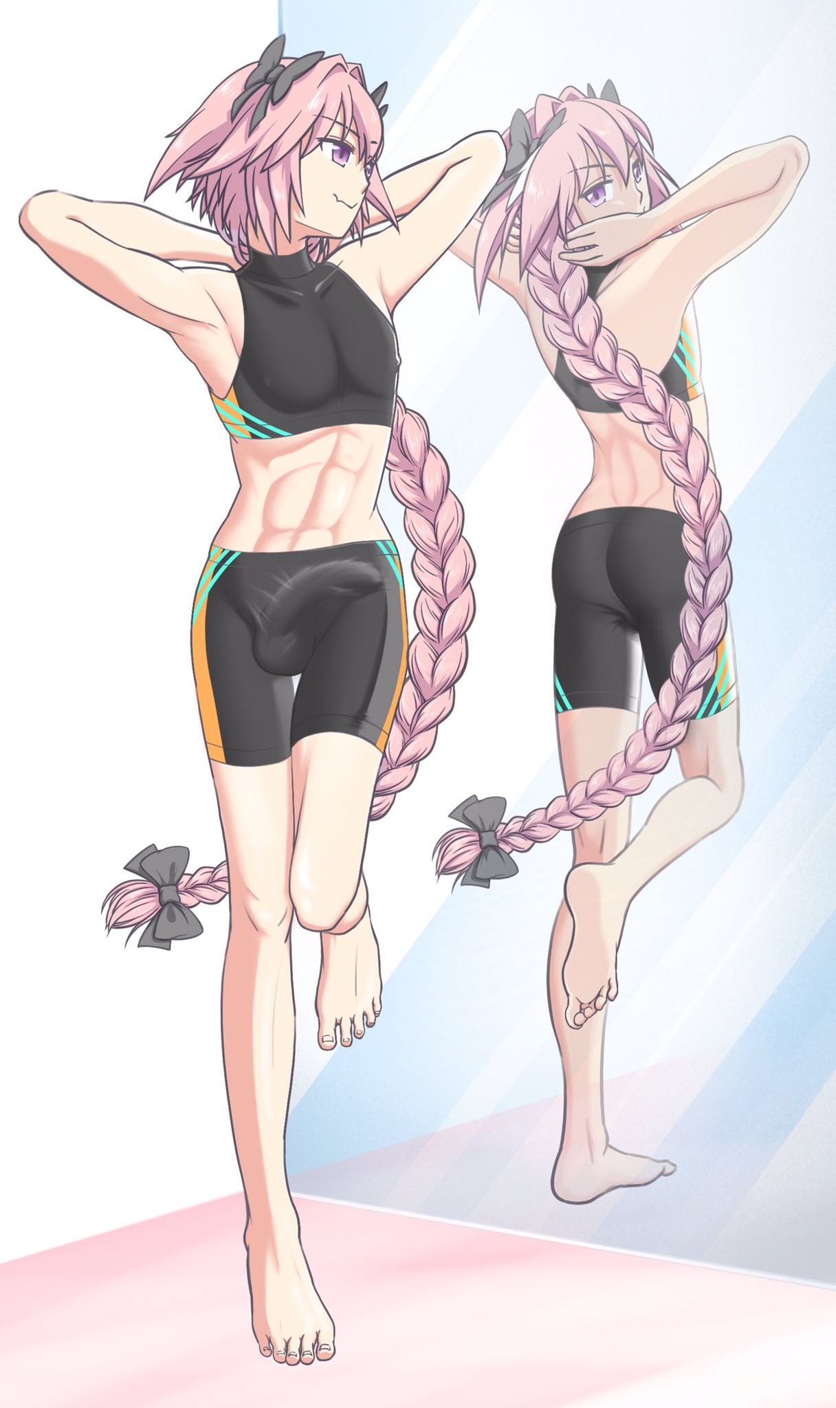 1boy, 1femboy, ababas, abs, ass, astolfo (fate), balls, balls under clothes, big ass, big bulge, big butt, boner, boner under clothes, bow, bubble ass, bubble butt, bulge, clothed, clothing, crop top, erection under clothes, erection under clothing, erection under shorts, fate (series), fate/grand order, femboy, femboy only, feminine, feminine body, feminine male, girly, hung trap, light skin, light-skinned male, long hair, looking at self, looking back, looking pleasured, male, male only, mirror, muscular, muscular abdomen, muscular abs, muscular arms, muscular femboy, muscular male, penis, penis under clothes, pink eyes, pink hair, ponytail, solo, solo male, standing, tenting, testicles, trap