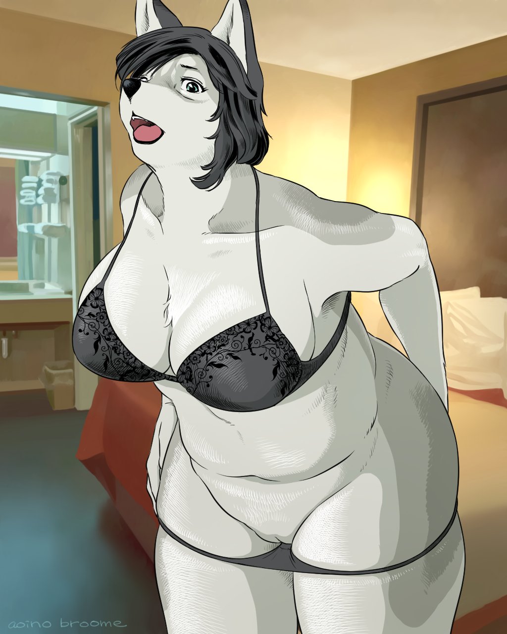 anthro aoino_broome big_breasts bra breasts canid canine canis clothed clothing female fur furry furry_only genitals hair hi_res mammal panties pussy solo thick_thighs underwear