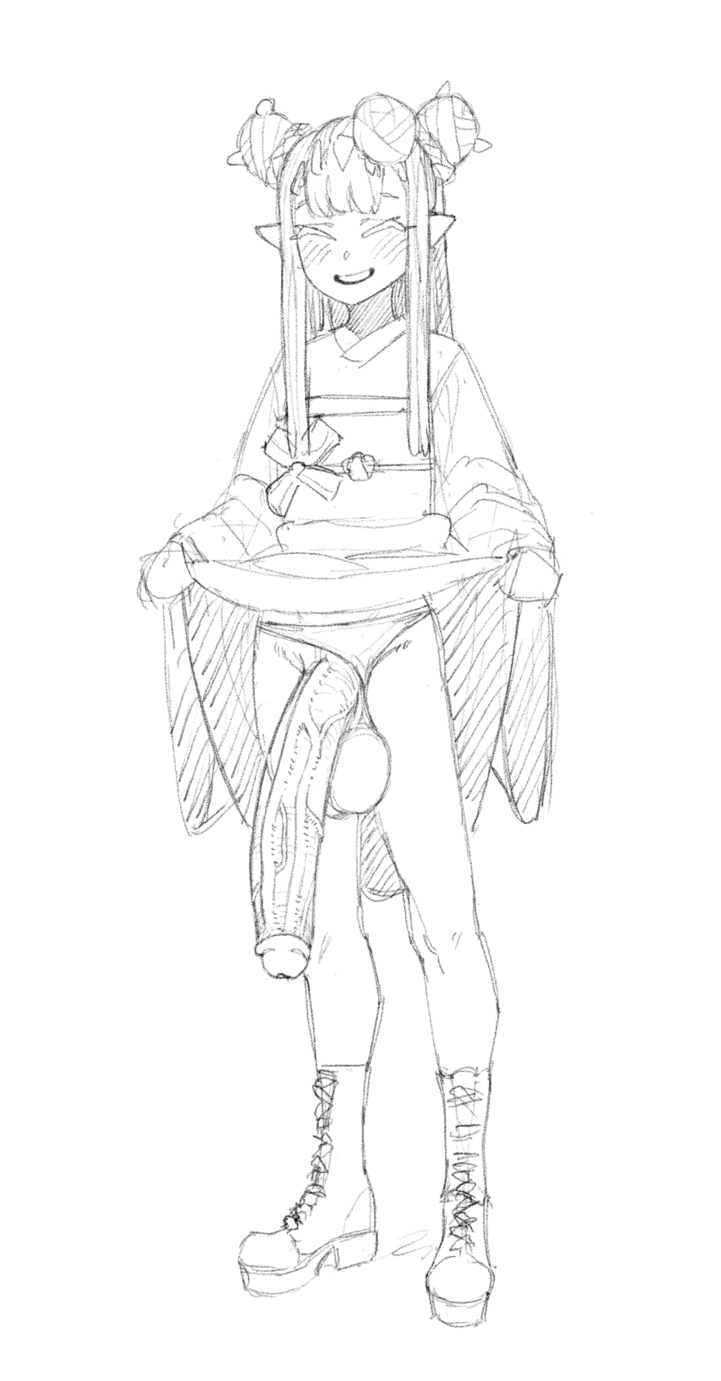 1futa, balls, big balls, big penis, blush, boots, closed eyes, clothed, clothing, dress, dress lift, flaccid, futa only, futanari, hololive, hololive english, huge cock, human, intersex, kimono, lifting, lifting clothing, lifting skirt, makinakid, monochrome, mostly clothed, ninomae ina'nis, panties, panties aside, penis, penis to the knees, pointy ears, sketch, solo, standing, testicles, veiny penis, virtual youtuber