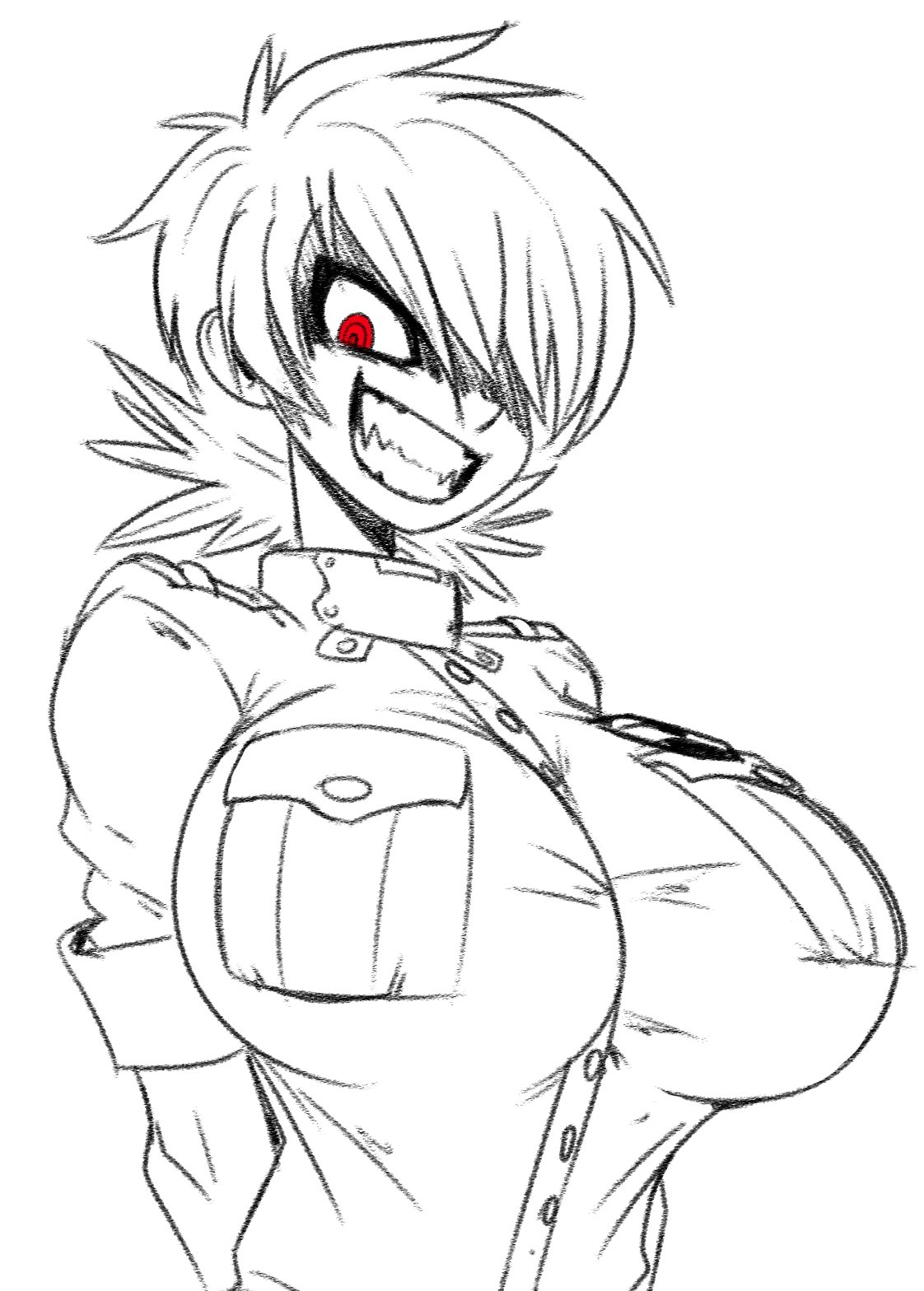 arms behind back, breasts, cleavage, clothed, drawn, female, grin, hellsing, huge breasts, red eyes, reiduran, seras victoria, solo, solo female, solo focus, tomboy, vampire
