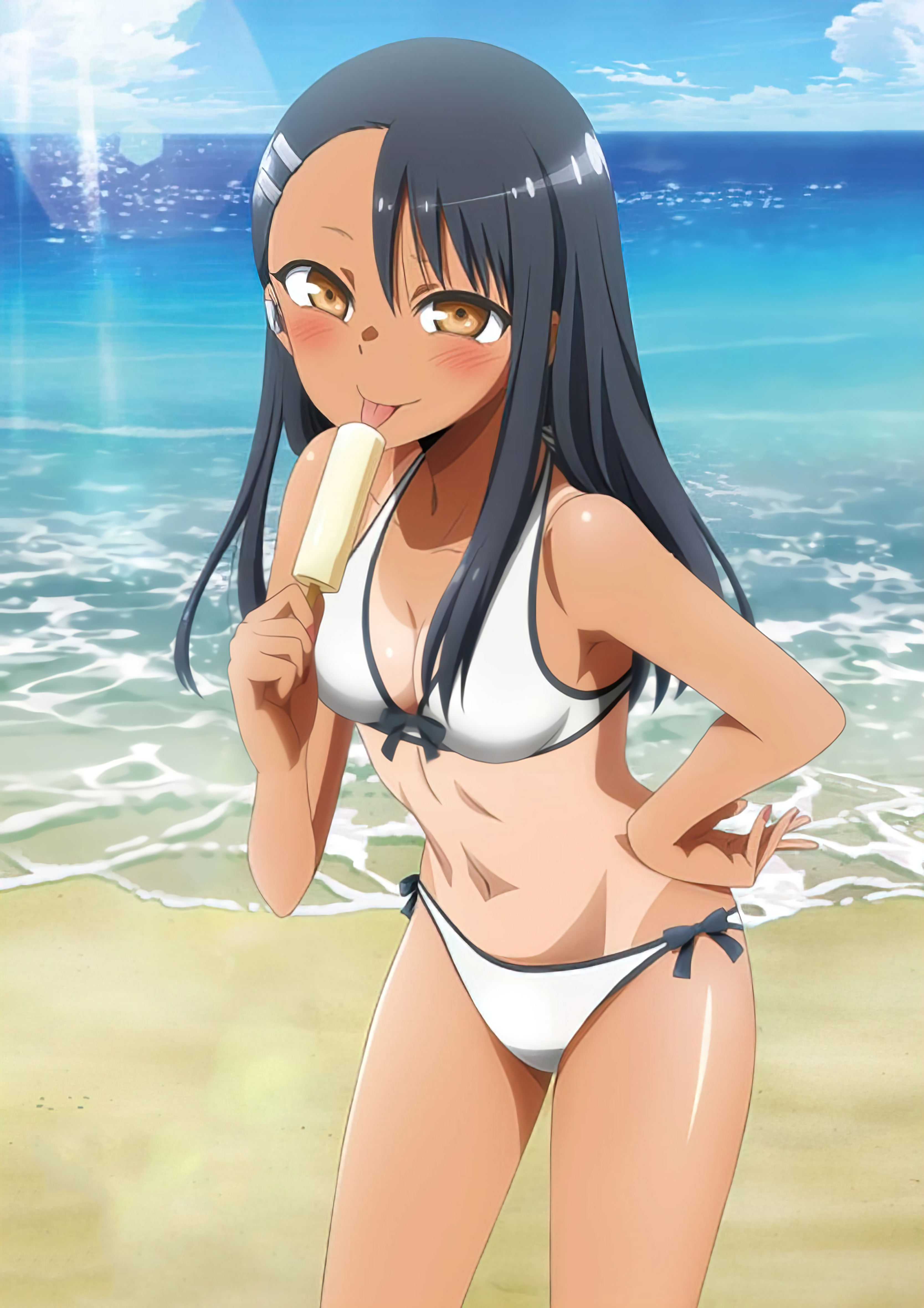 1girls, 774 (nanashi), beach, bikini, black hair, blush, breasts, brown eyes, cleavage, clothed, clothing, earrings, female, female focus, female only, hayase nagatoro, hi res, long hair, looking at viewer, navel, please don't bully me, nagatoro, pose, revealing clothes, simple background, small breasts, solo, tan, tanline, tanned, tongue, tongue out