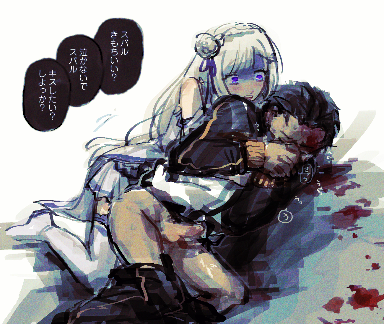 1boy, 1futa, anal, anal penetration, blood, bottomless, clothed, clothing, color, crying, dialogue, duo, emilia (re:zero), erection, fuji oka, futa on male, futadom, futanari, human, intersex, japanese text, light skin, light-skinned futa, light-skinned male, male, natsuki subaru, pale skin, partially clothed, penis, re:zero kara hajimeru isekai seikatsu, sex, sketch, text, translation request, yandere