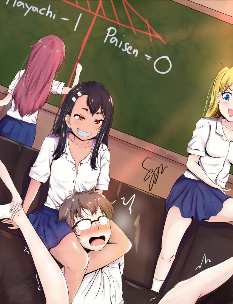 1boy 3girls artist_signature asphyxiation black_hair blackboard blonde_hair blue_eyes blush brown_hair classroom clothed clothing earrings english_text femdom gamo-chan glasses hayase_nagatoro hi_res long_hair medium_hair motion_lines naoto_hachioji_(senpai) open_mouth please_don't_bully_me,_nagatoro pleated_skirt red_hair revealing_clothes short_hair simple_background skirt smile smug spread_legs syyndev text unbuttoned_shirt watermark yoshi_(nagatoro)