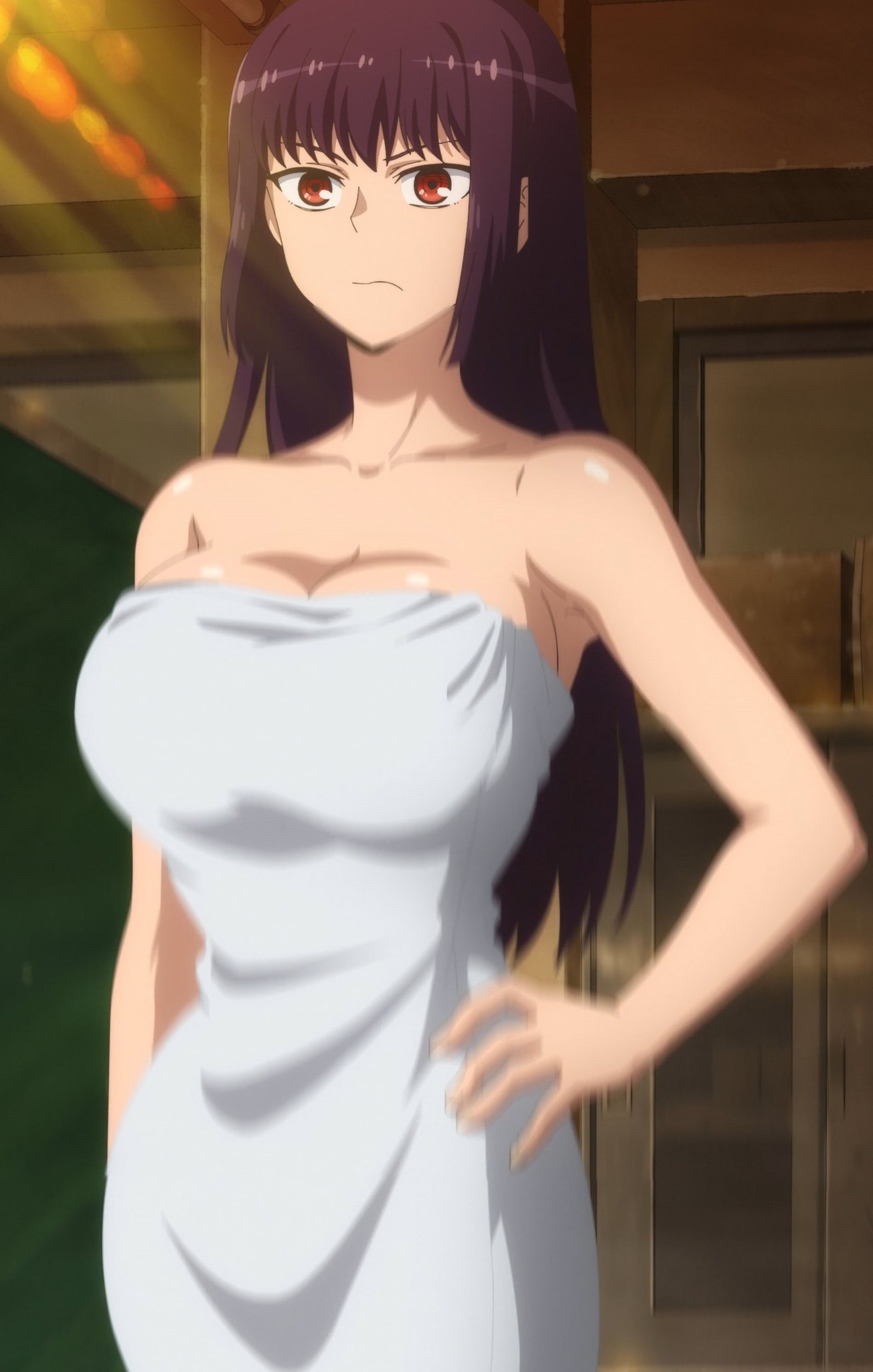 1girls, 774 (nanashi), big breasts, breasts, classroom, cleavage, curvy, female, female focus, female only, hi res, long hair, official art, official style, please don't bully me, nagatoro, pose, president (nagatoro), public, purple hair, red eyes, sana sunomiya, screencap, solo, thin waist, wide hips